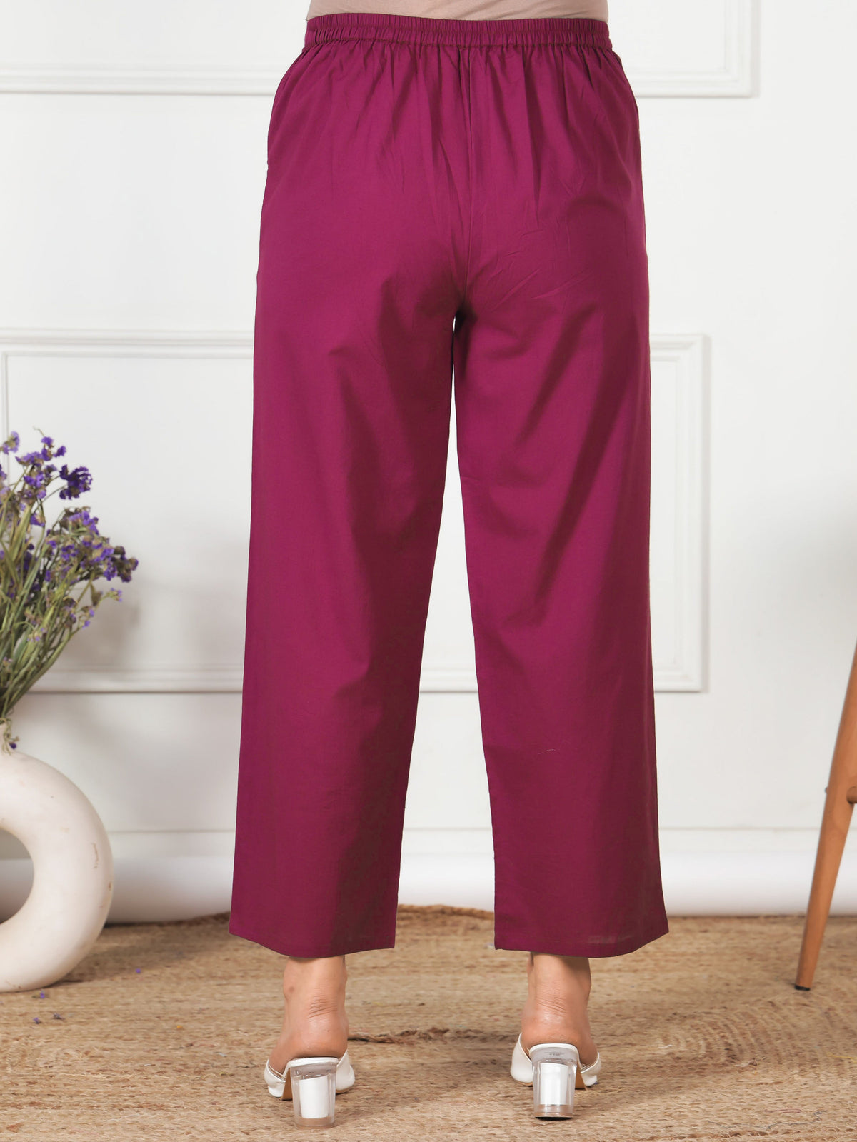 Embroidered Soft Cotton Solid Wine Straight Trousers
