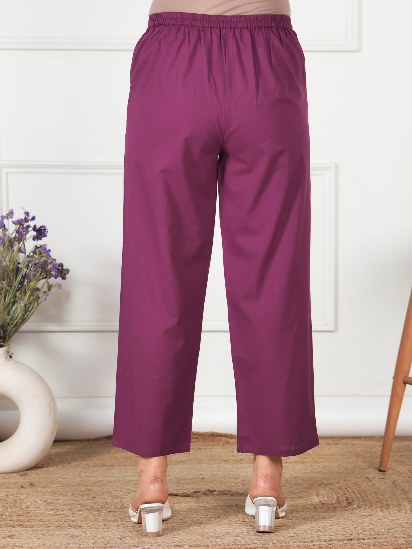Embroidered Soft Cotton Solid Wine Straight Trousers
