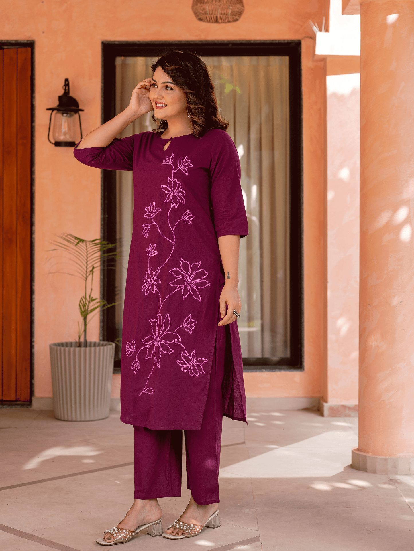 Embroidered Soft Cotton Solid Straight Wine Kurta
