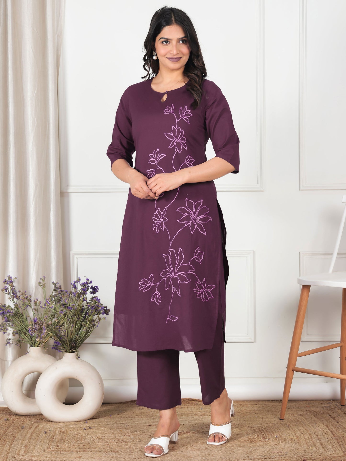Embroidered Soft Cotton Solid Straight Wine Kurta
