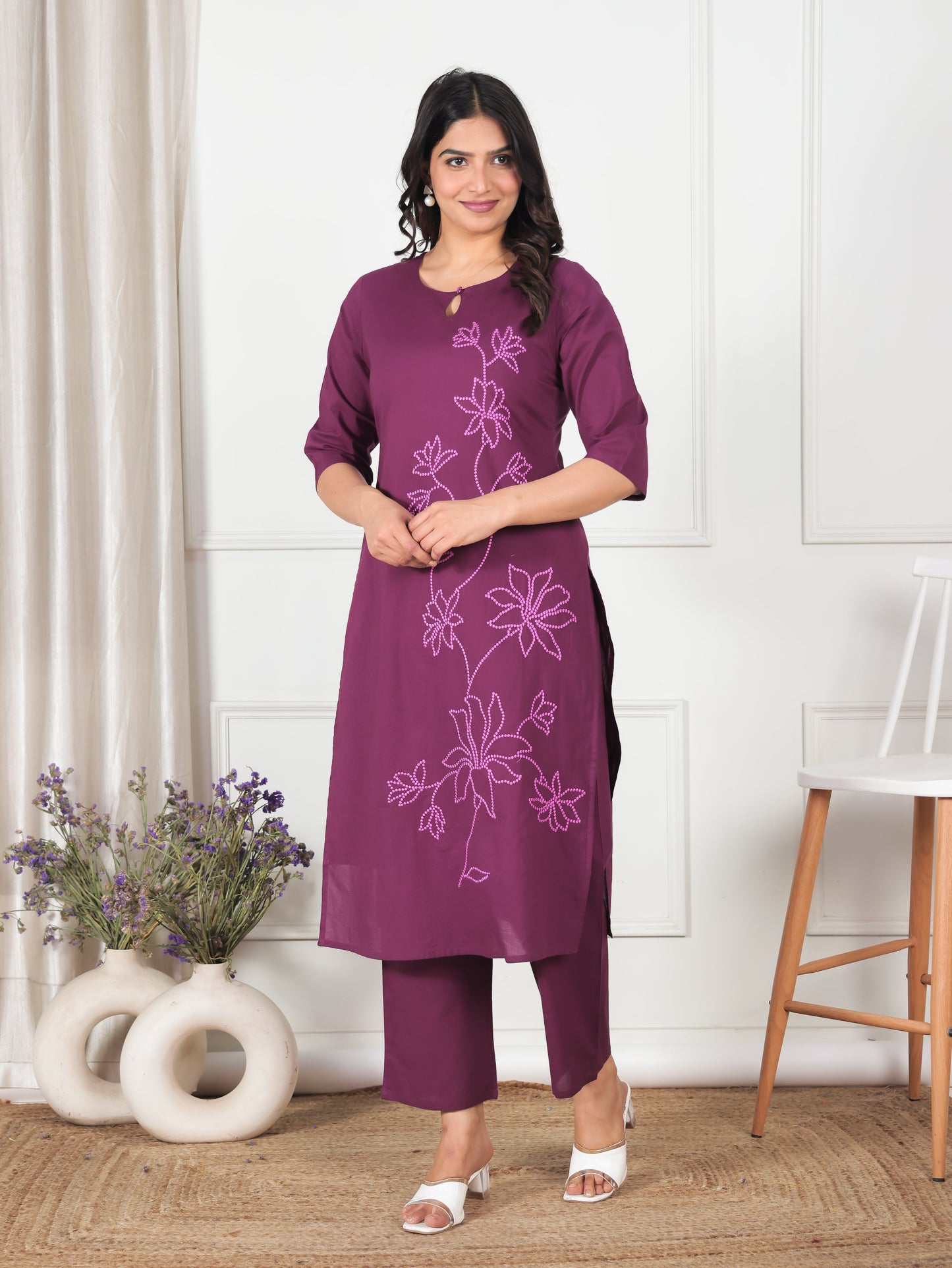 Embroidered Soft Cotton Solid Straight Wine Kurta