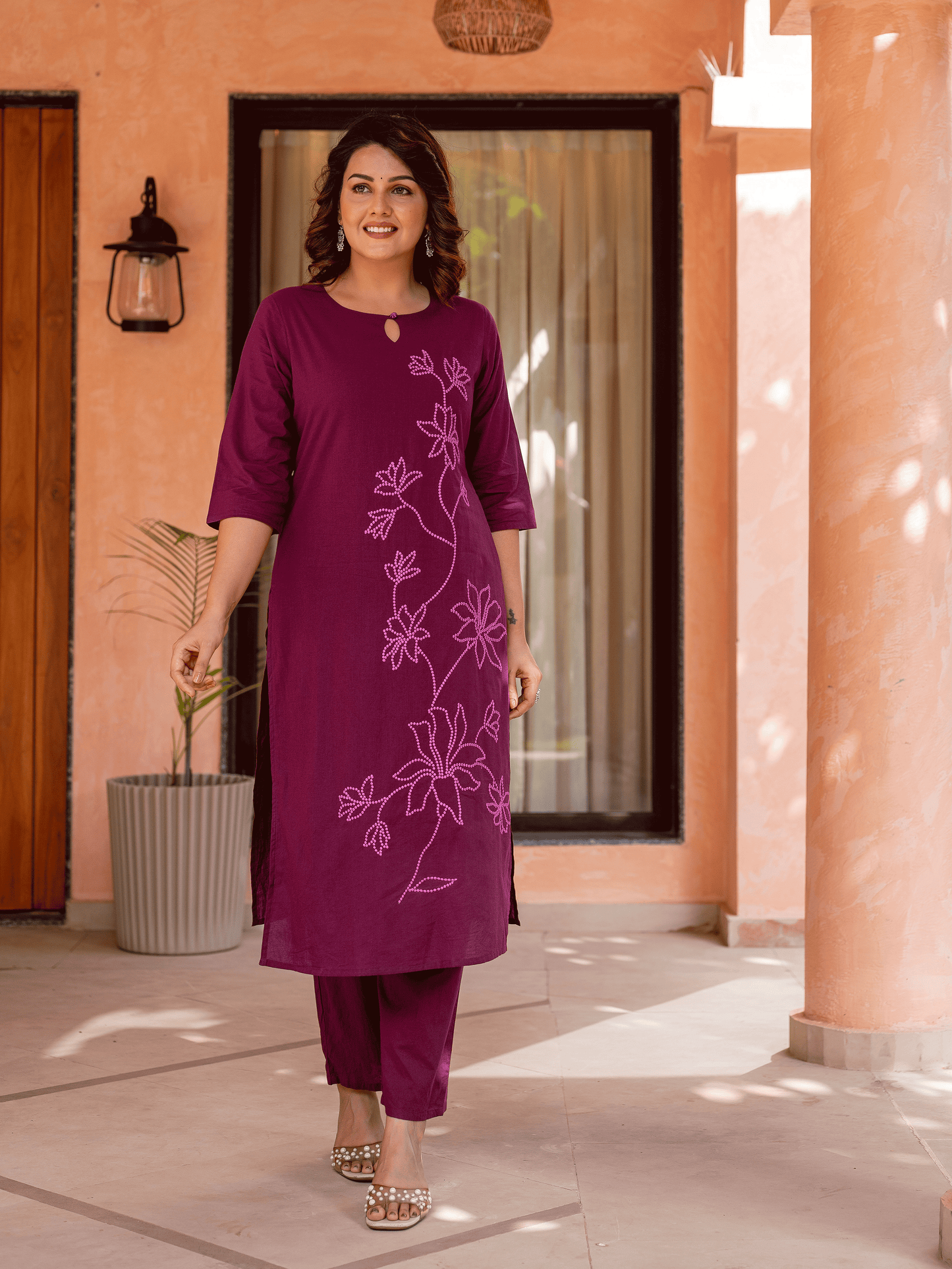 Embroidered Soft Cotton Solid Straight Wine Kurta