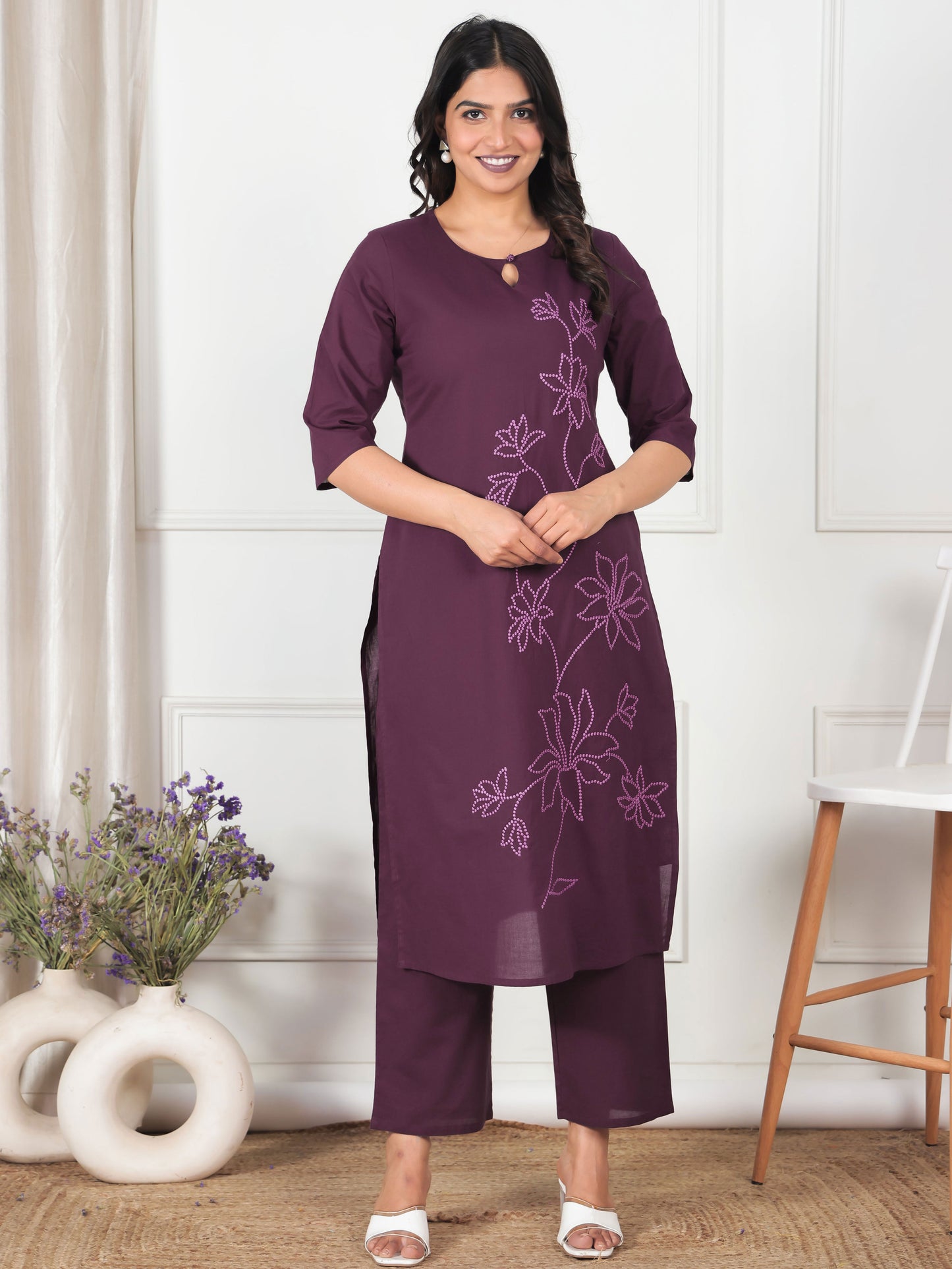Embroidered Soft Cotton Solid Straight Wine Kurta