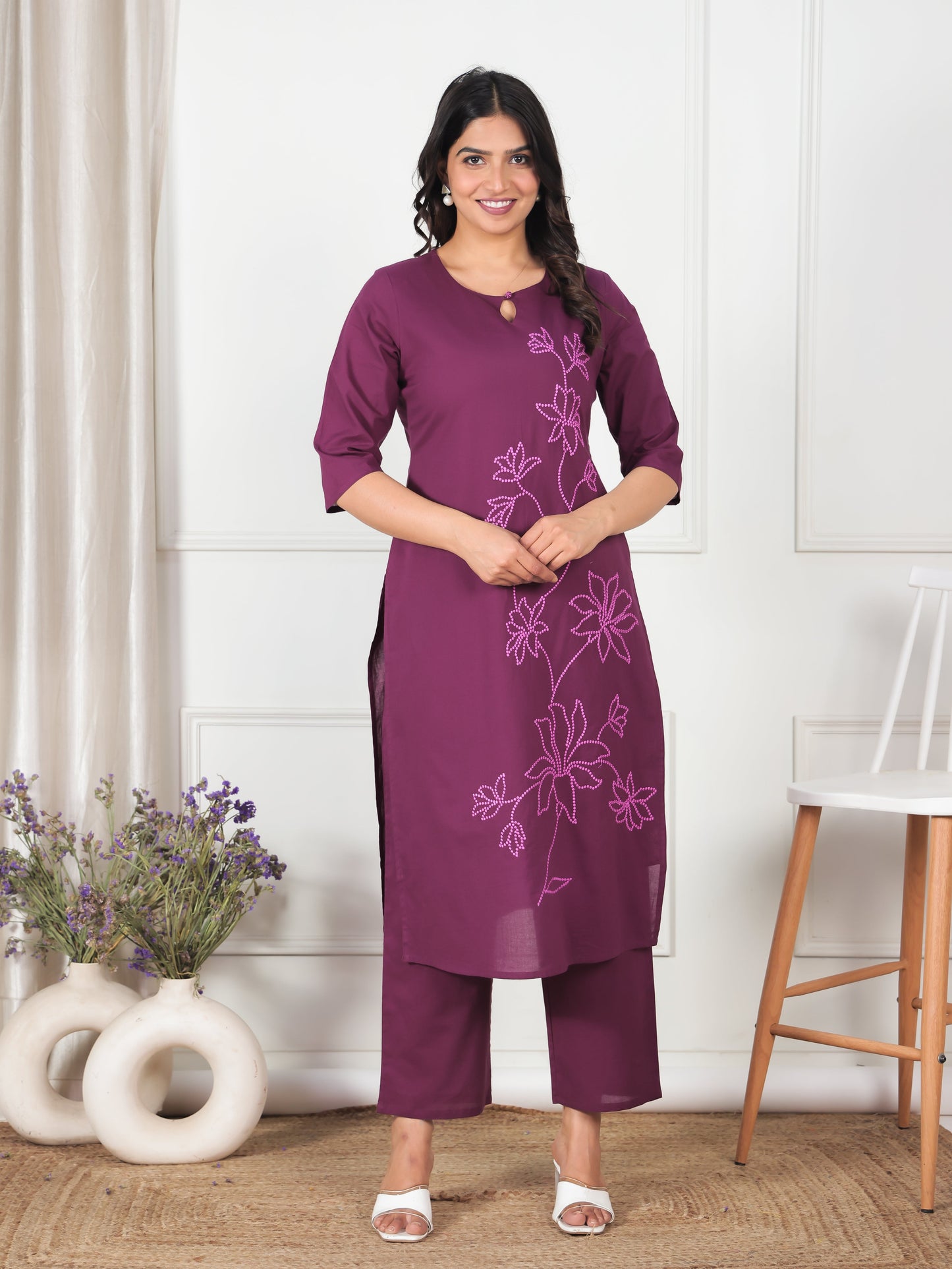 Embroidered Soft Cotton Solid Straight Wine Kurta