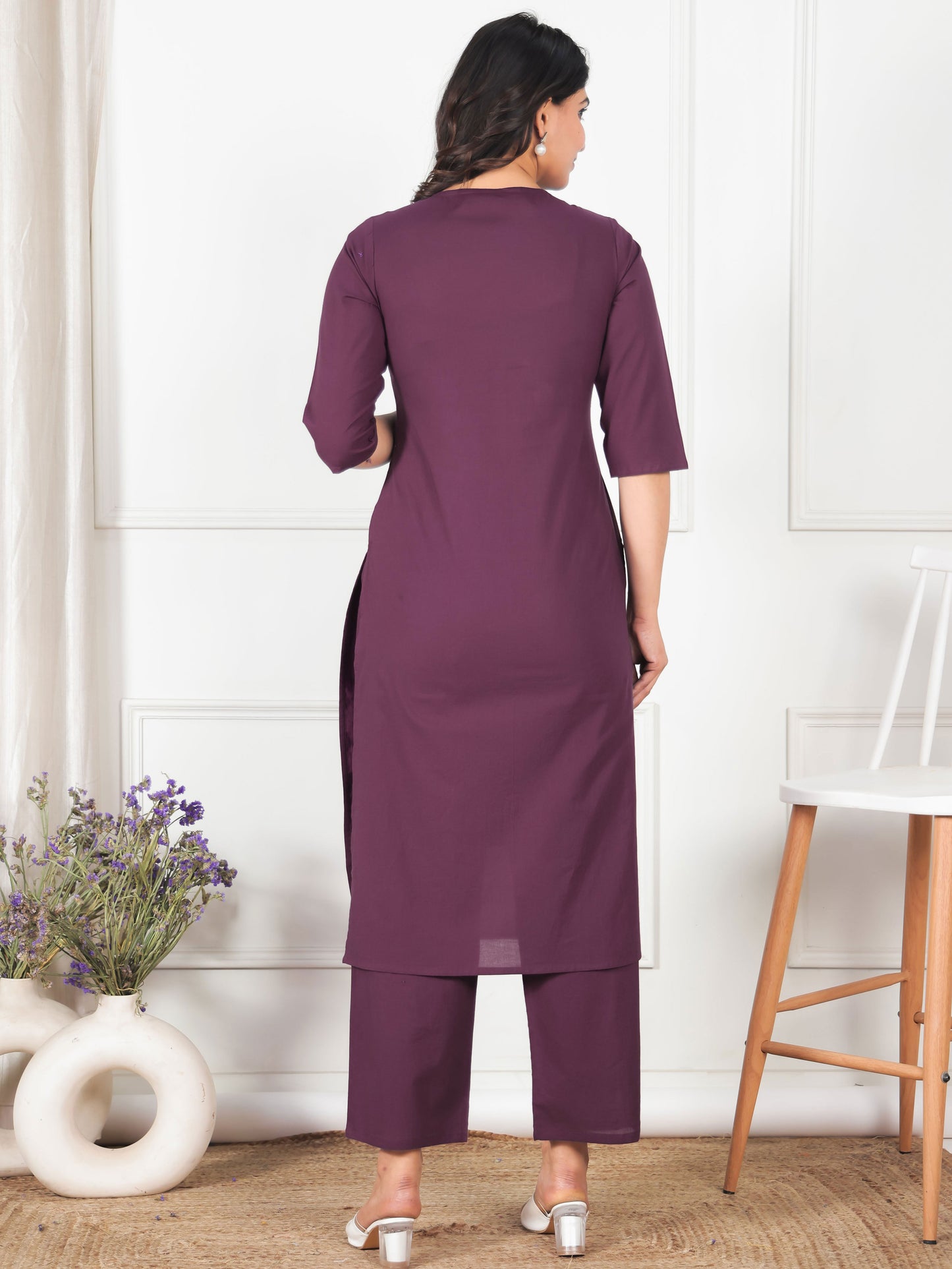 Embroidered Soft Cotton Solid Straight Wine Kurta