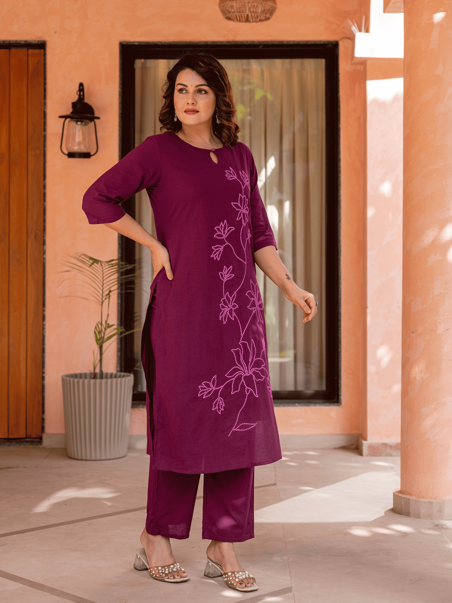 Embroidered Soft Cotton Solid Straight Wine Kurta