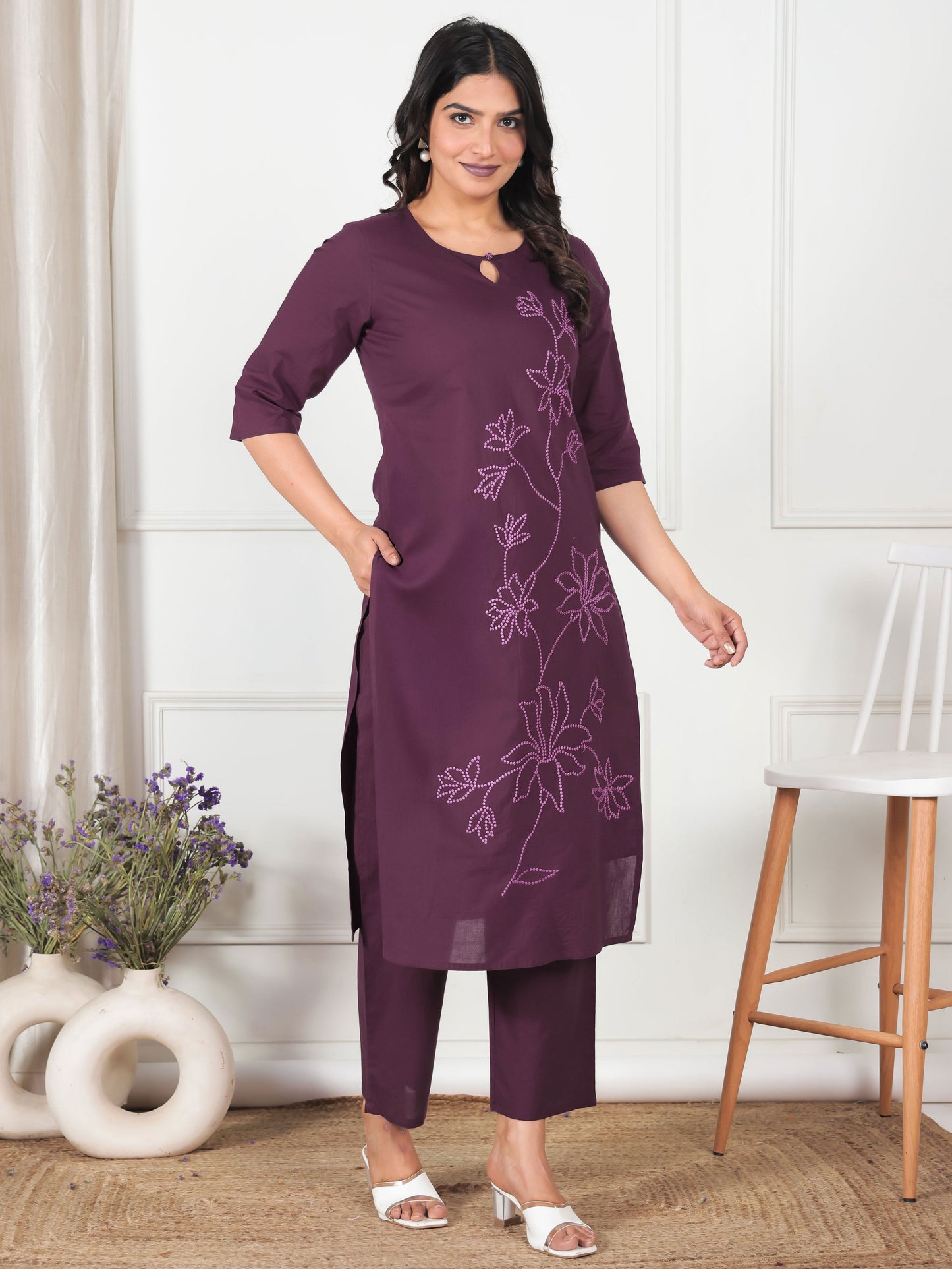 Embroidered Soft Cotton Solid Straight Wine Kurta