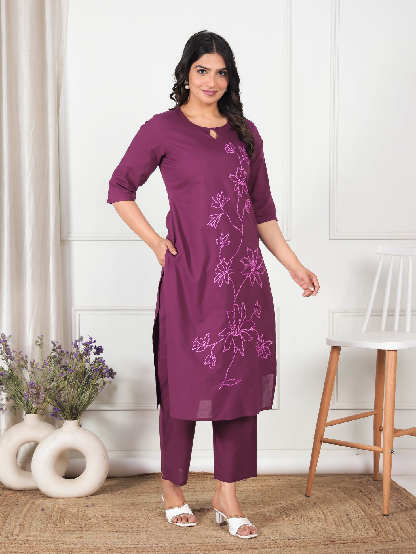 Embroidered Soft Cotton Solid Straight Wine Kurta