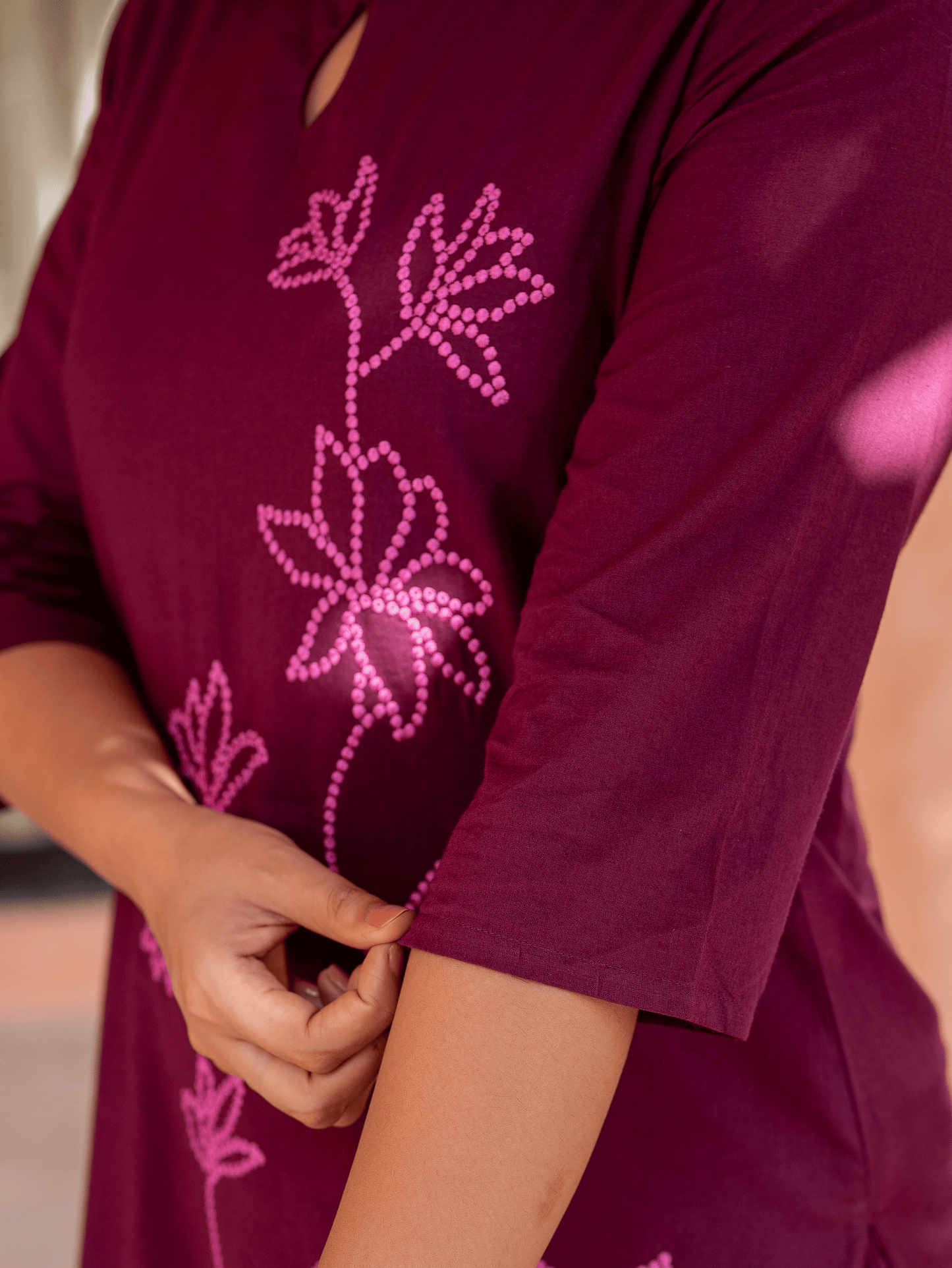 Embroidered Soft Cotton Solid Straight Wine Kurta