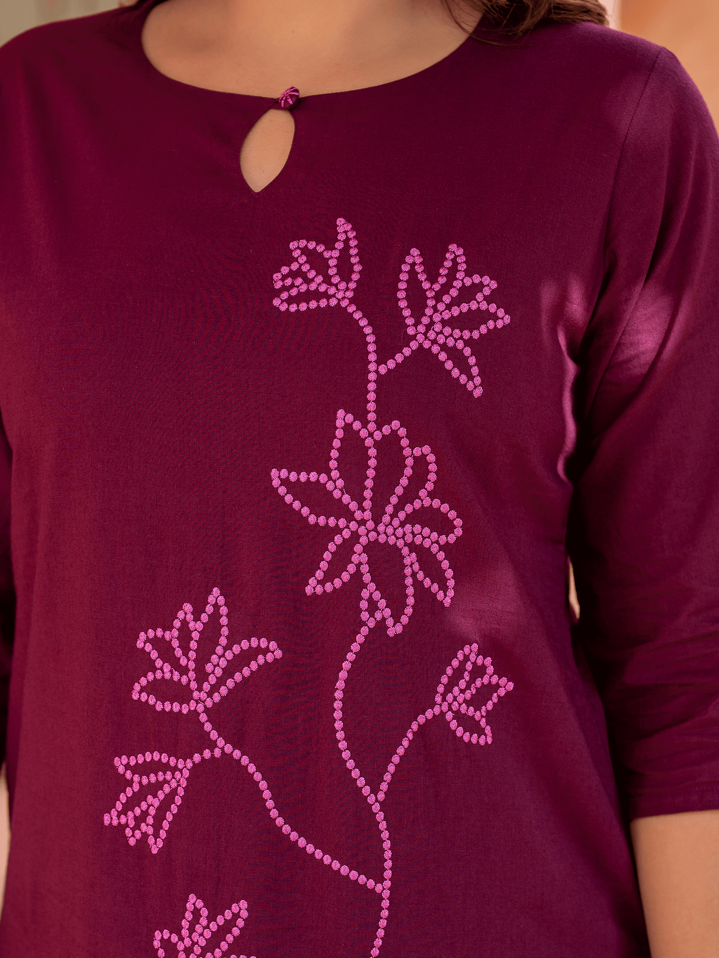 Embroidered Soft Cotton Solid Straight Wine Kurta