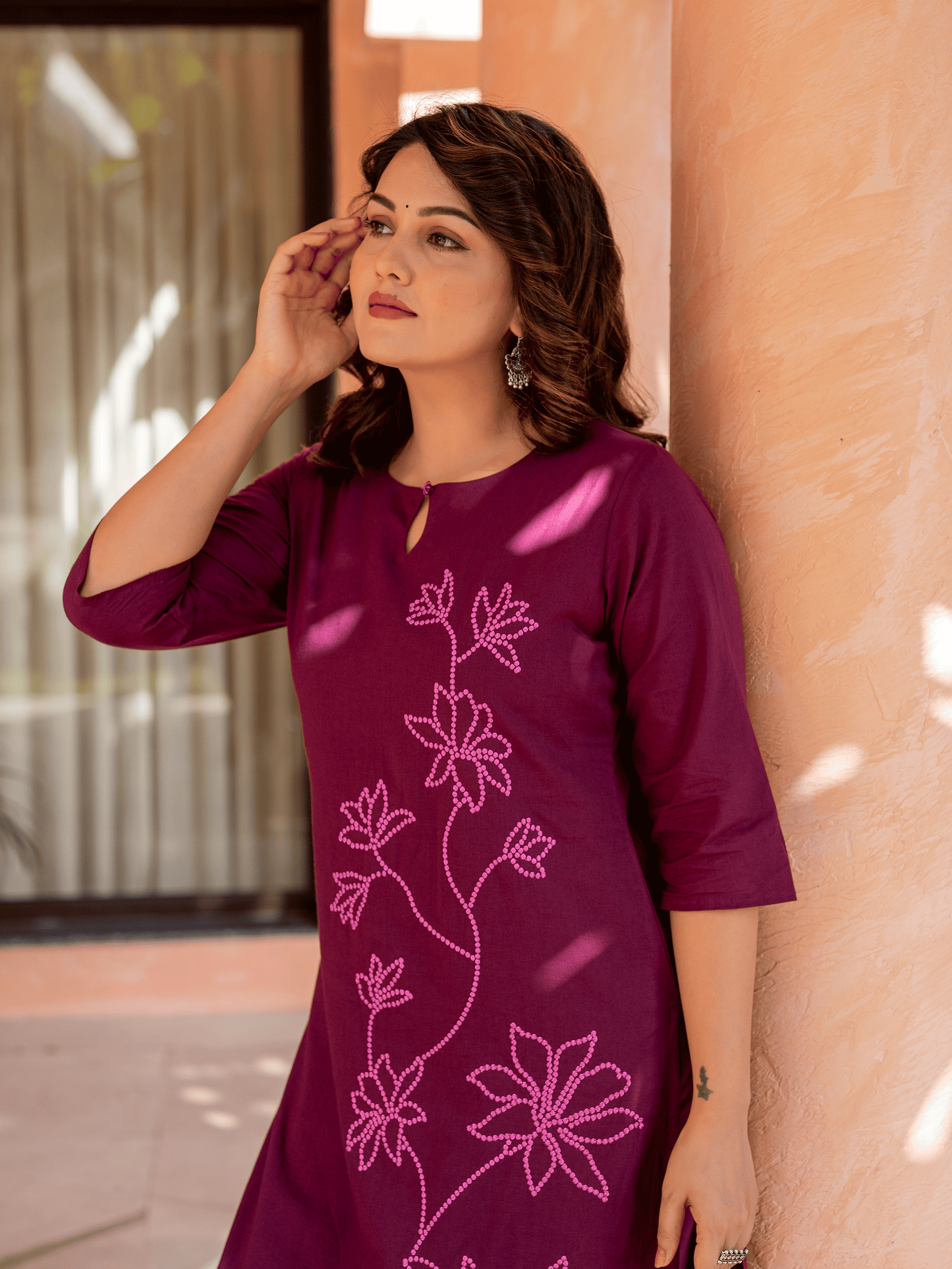 Embroidered Soft Cotton Solid Straight Wine Kurta