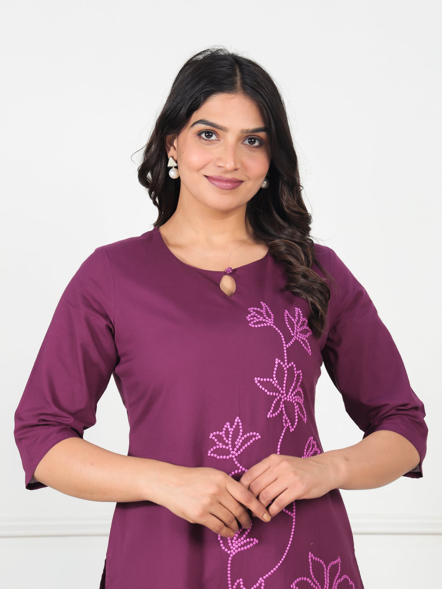 Embroidered Soft Cotton Solid Straight Wine Kurta