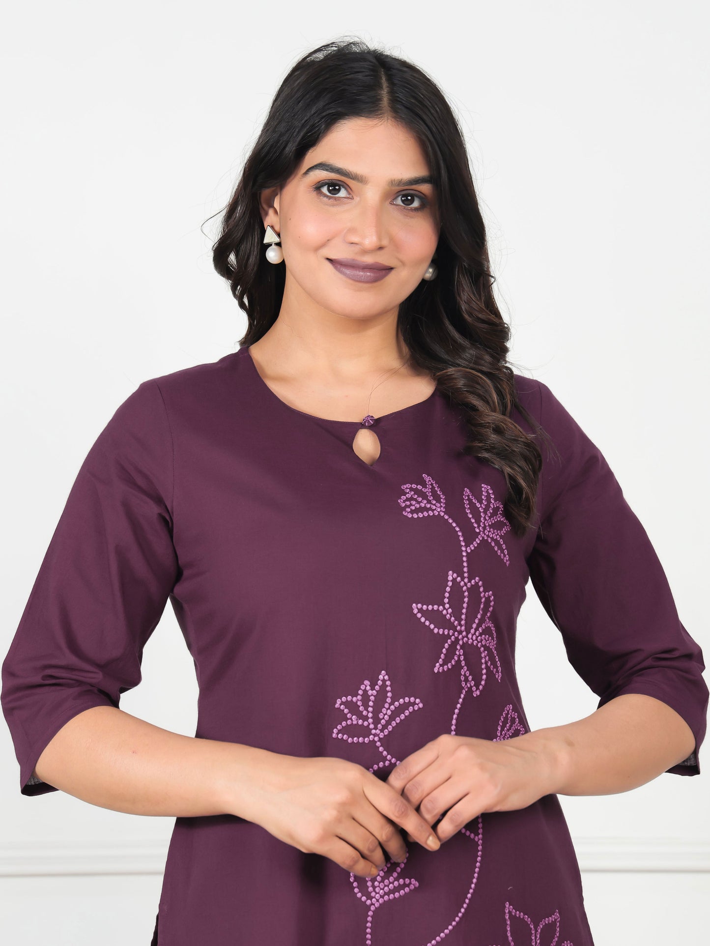 Embroidered Soft Cotton Solid Straight Wine Kurta