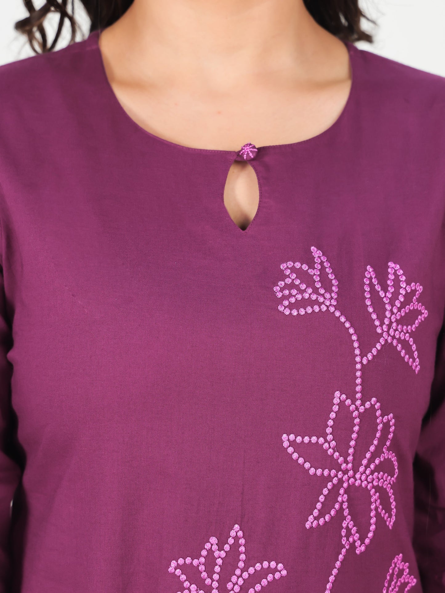 Embroidered Soft Cotton Solid Straight Wine Kurta