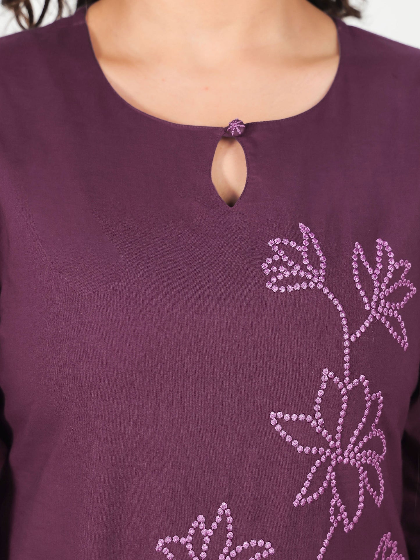 Embroidered Soft Cotton Solid Straight Wine Kurta