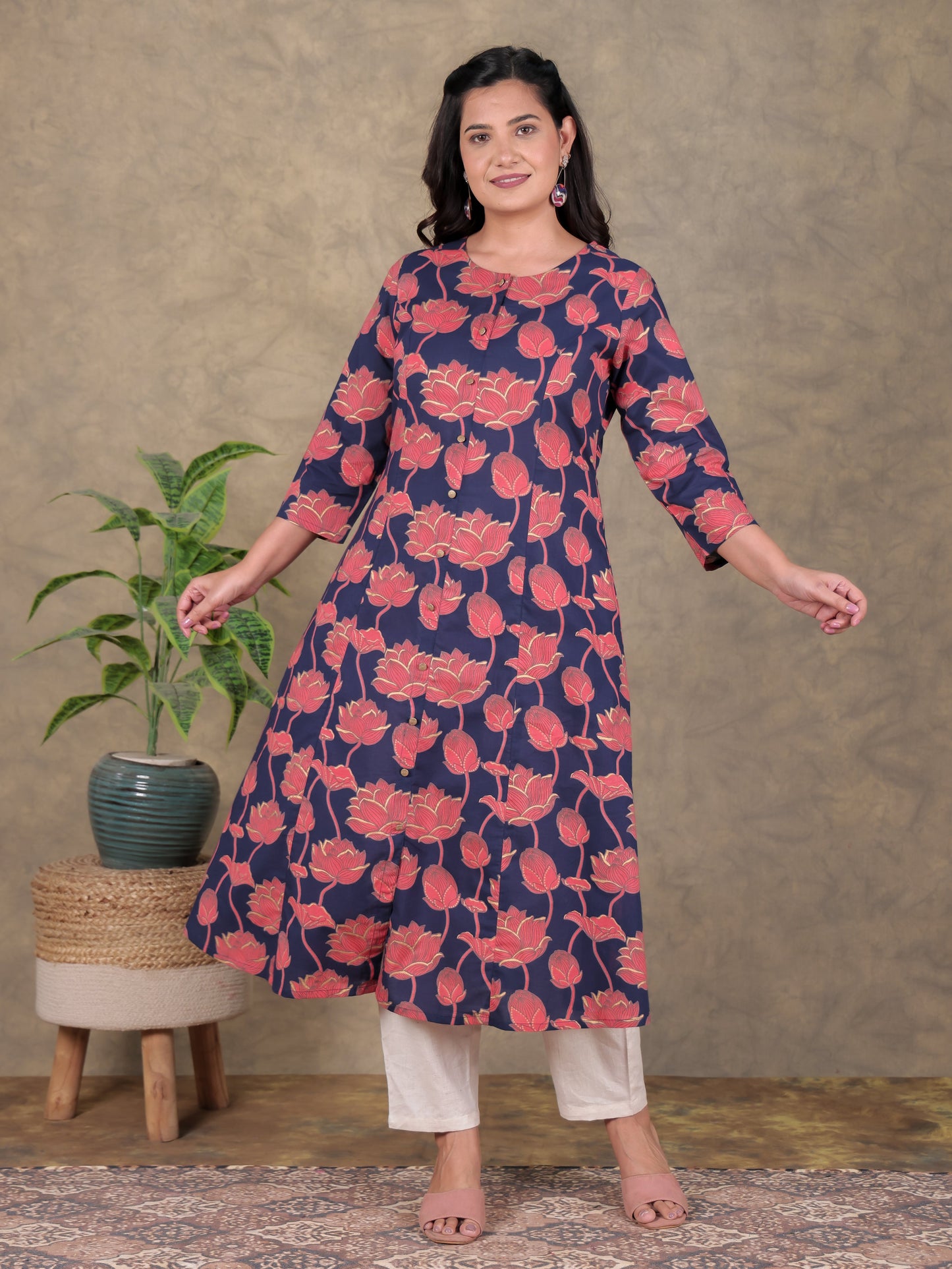 Soft Cotton Floral A-line Navy Blue Kurta