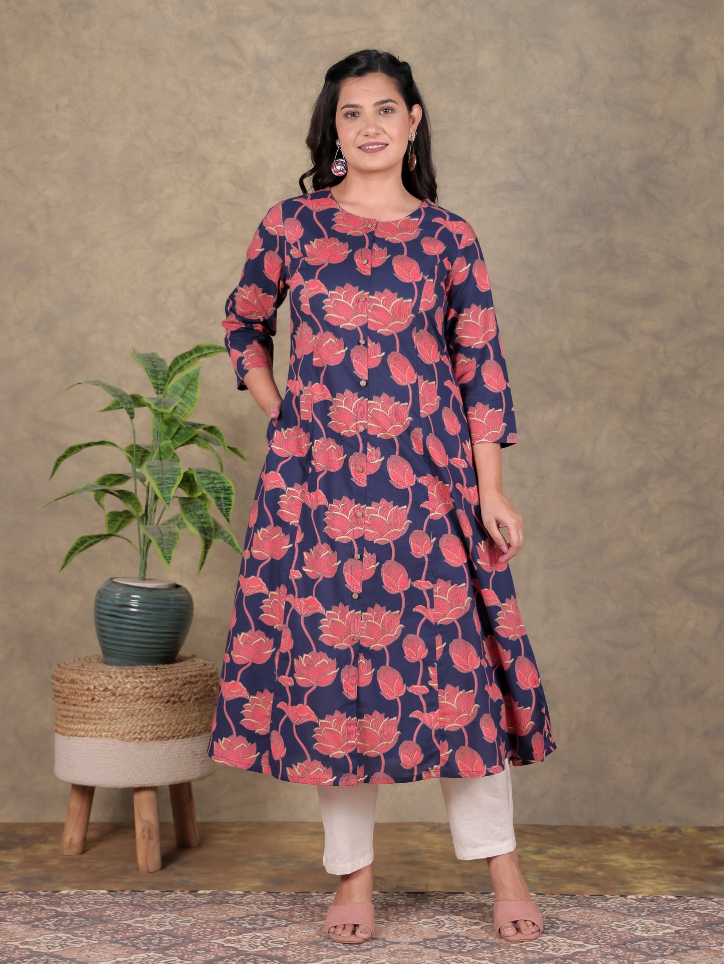 Soft Cotton Floral A-line Navy Blue Kurta