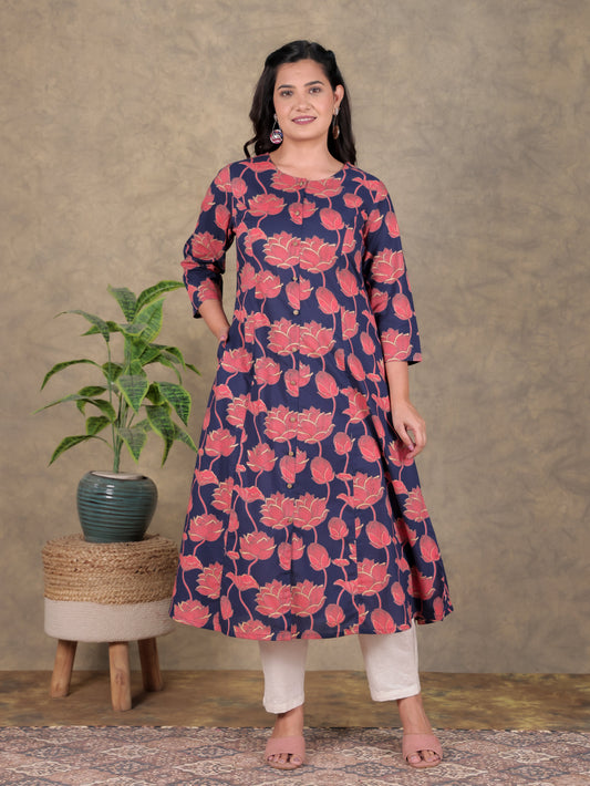 Soft Cotton Floral A-line Navy Blue Kurta