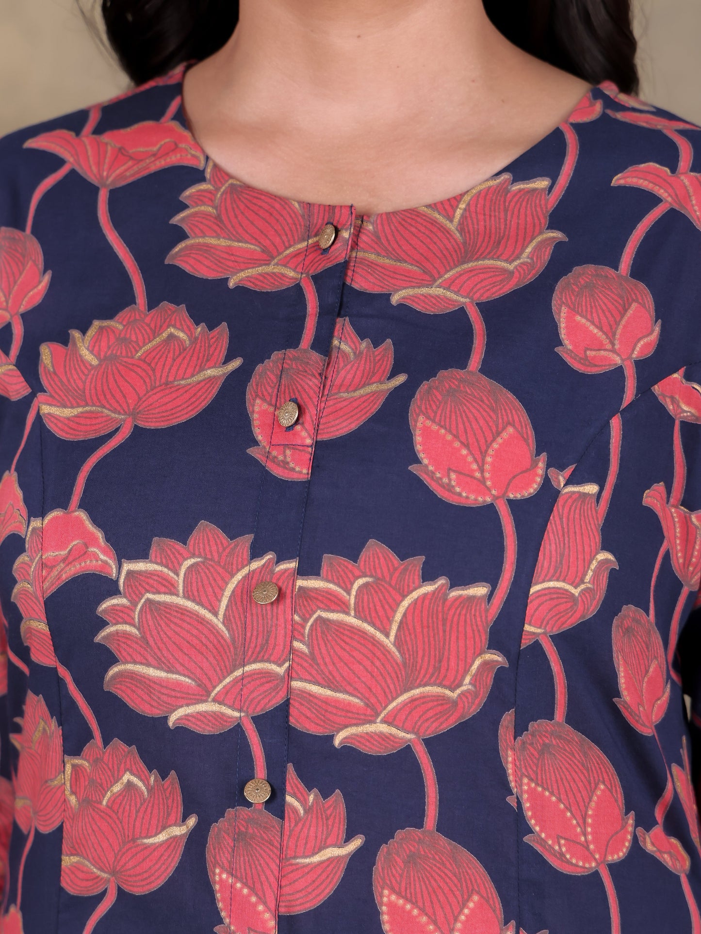 Soft Cotton Floral A-line Navy Blue Kurta
