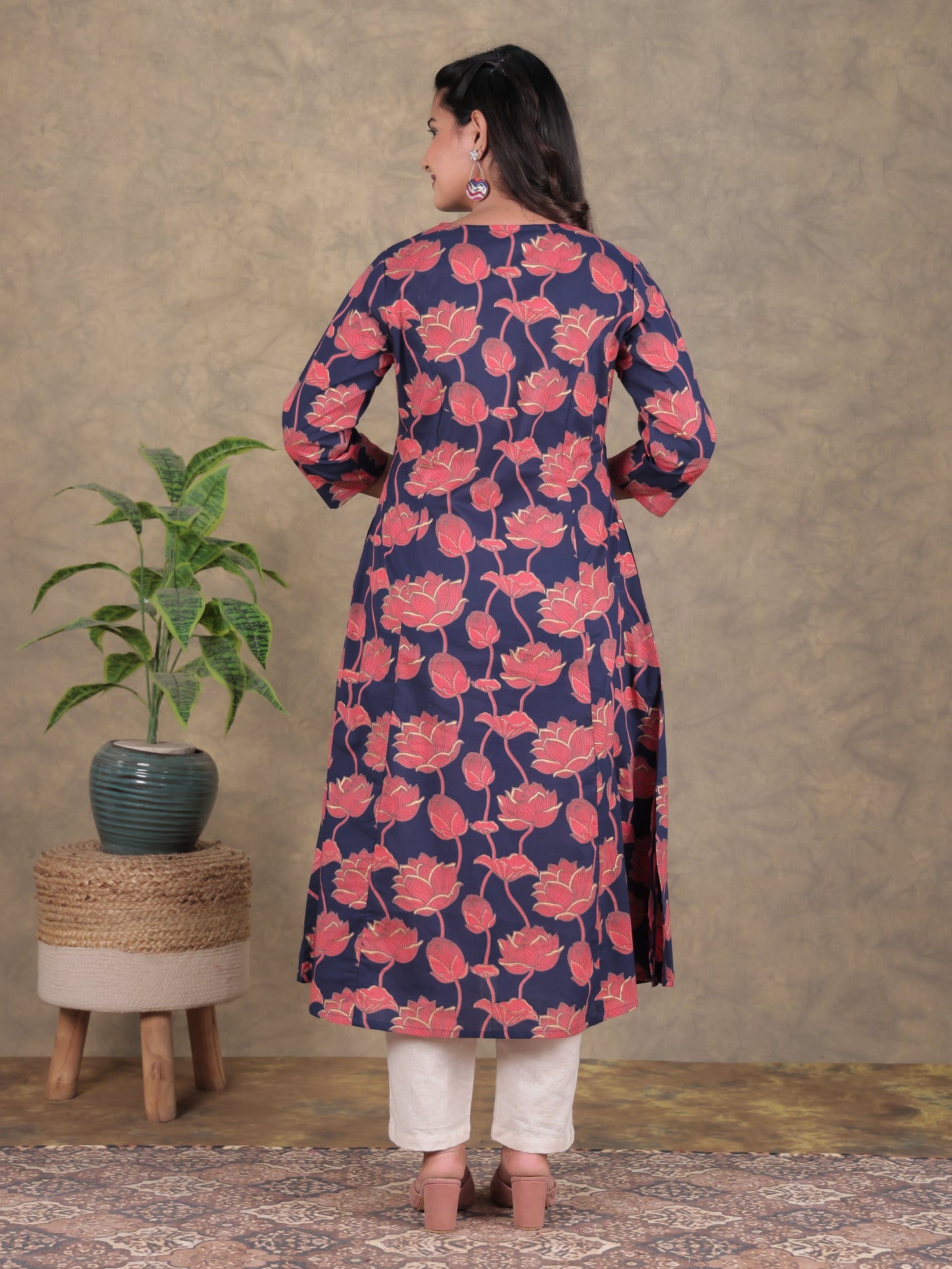 Soft Cotton Floral A-line Navy Blue Kurta