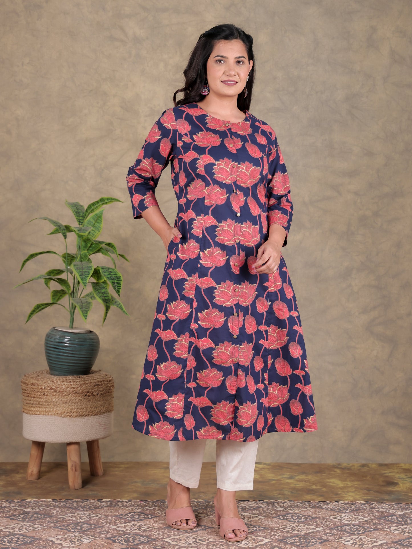 Soft Cotton Floral A-line Navy Blue Kurta