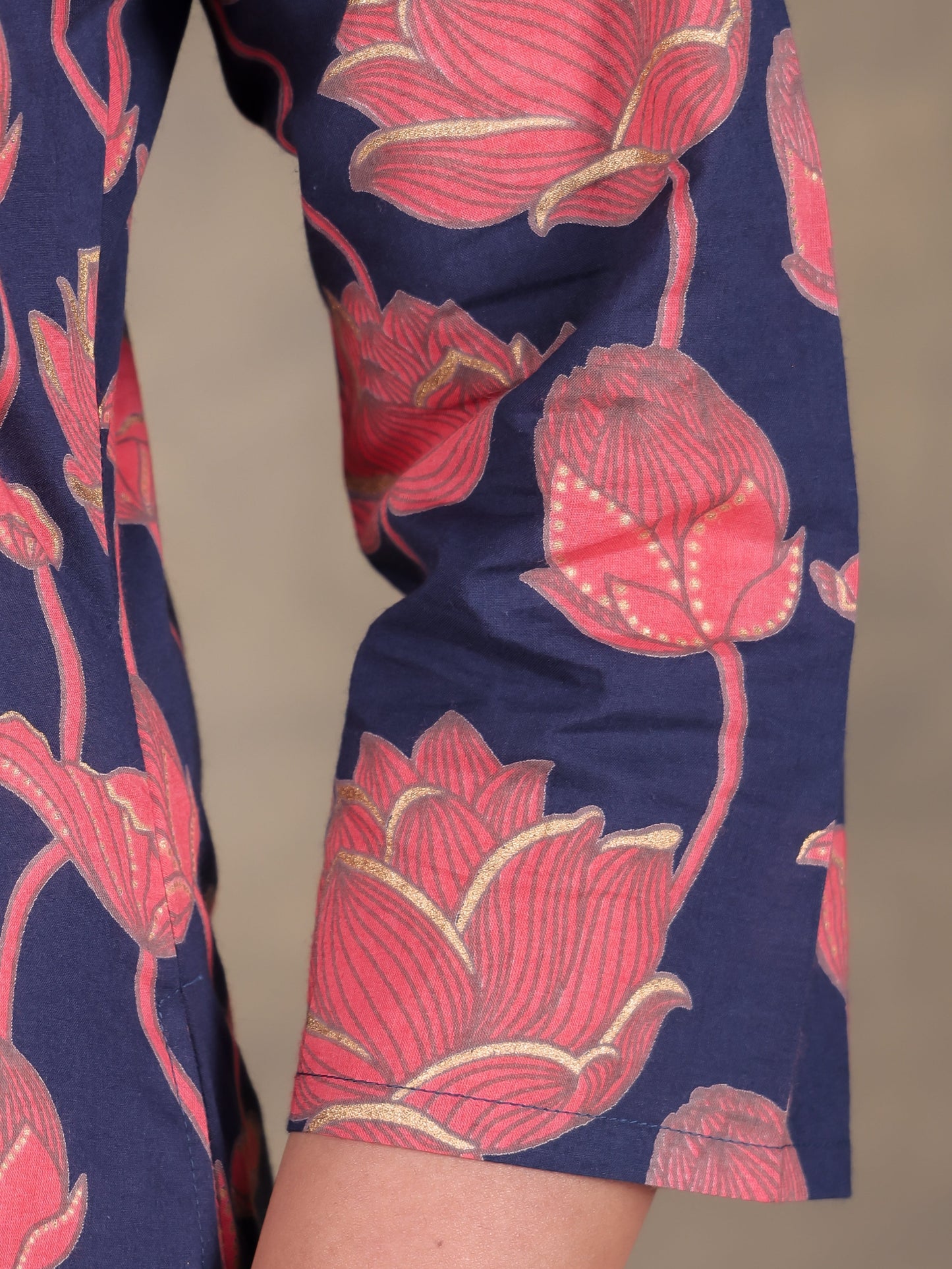 Soft Cotton Floral A-line Navy Blue Kurta