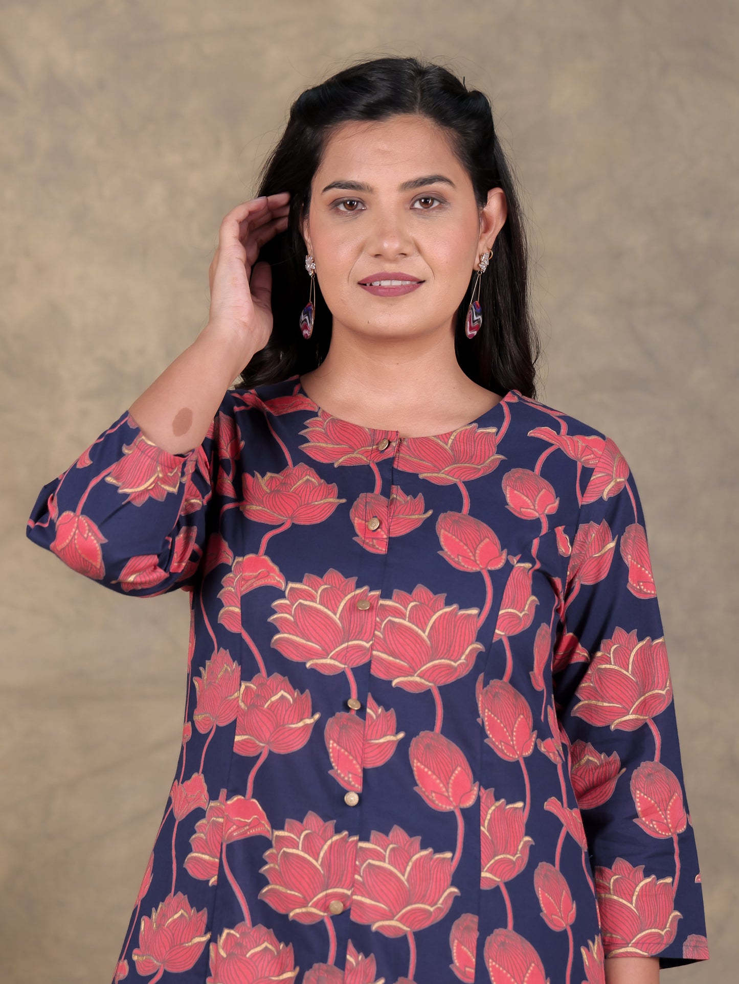 Soft Cotton Floral A-line Navy Blue Kurta