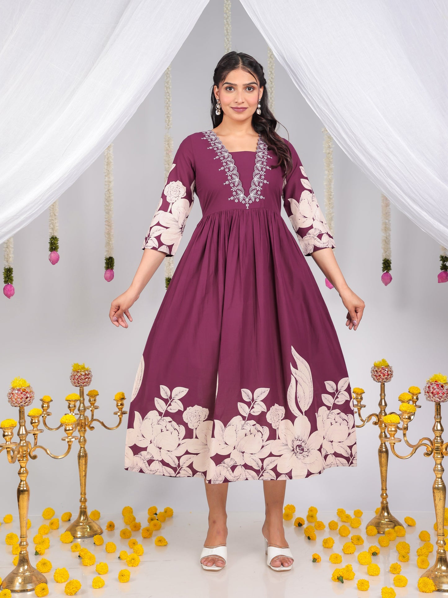 Embroidered Soft Cotton Placement Print Flared Wine Dress