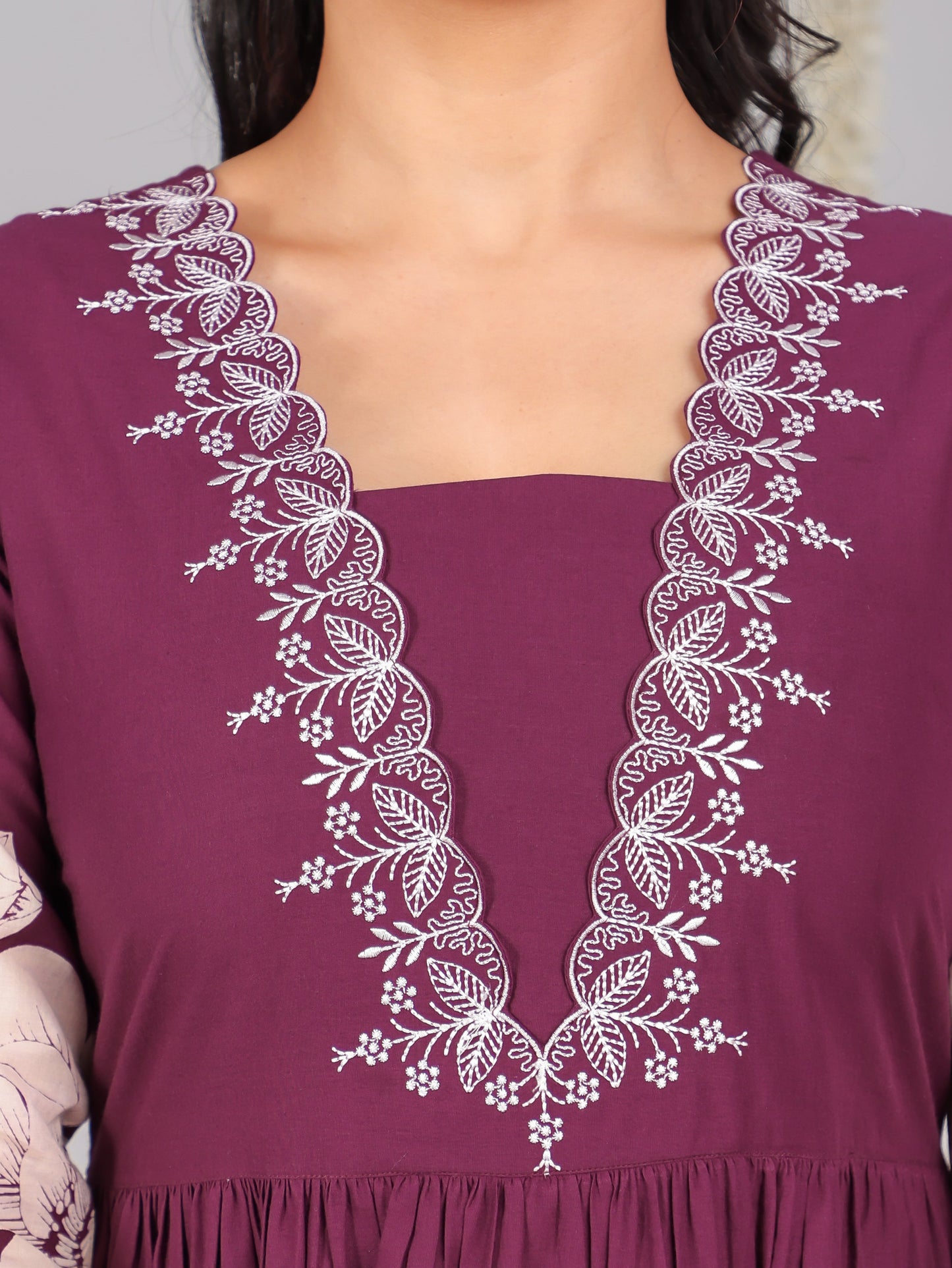 Embroidered Soft Cotton Placement Print Flared Wine Dress