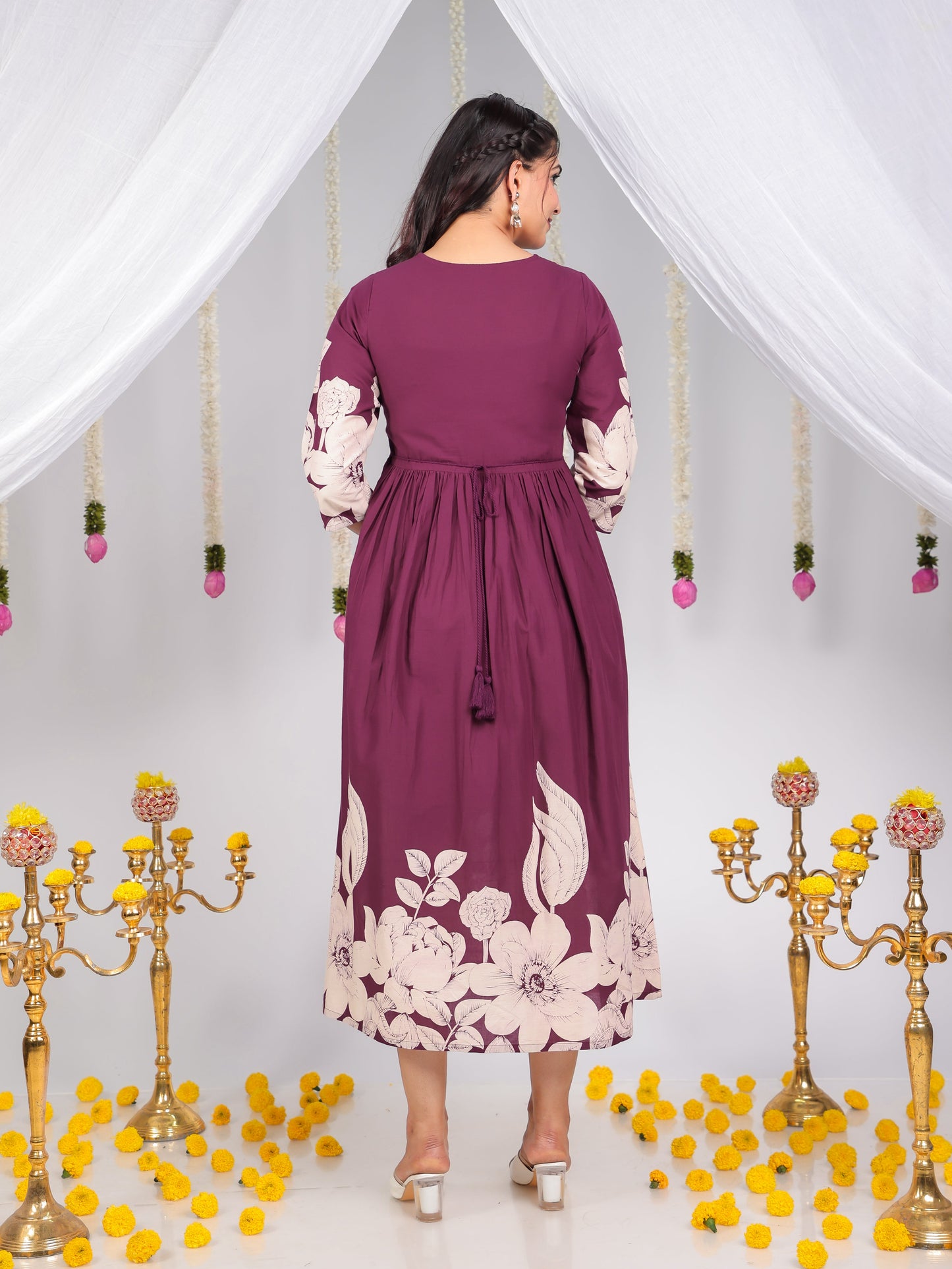 Embroidered Soft Cotton Placement Print Flared Wine Dress