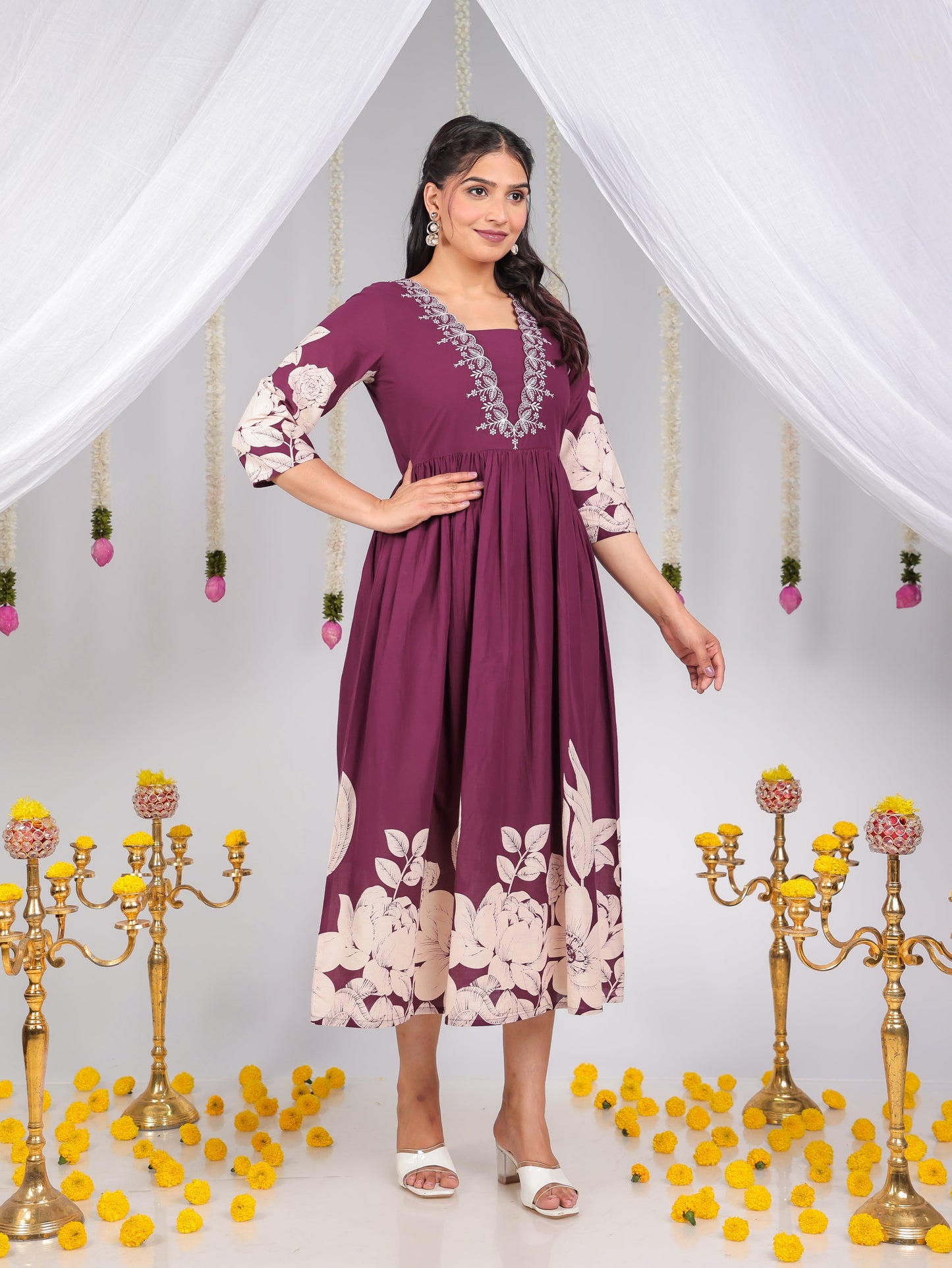 Embroidered Soft Cotton Placement Print Flared Wine Dress