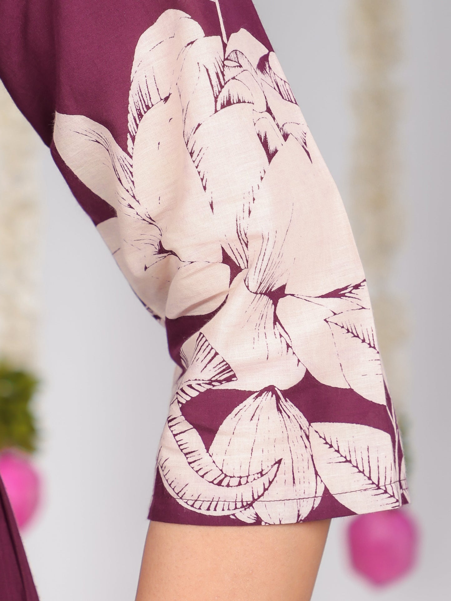 Embroidered Soft Cotton Placement Print Flared Wine Dress