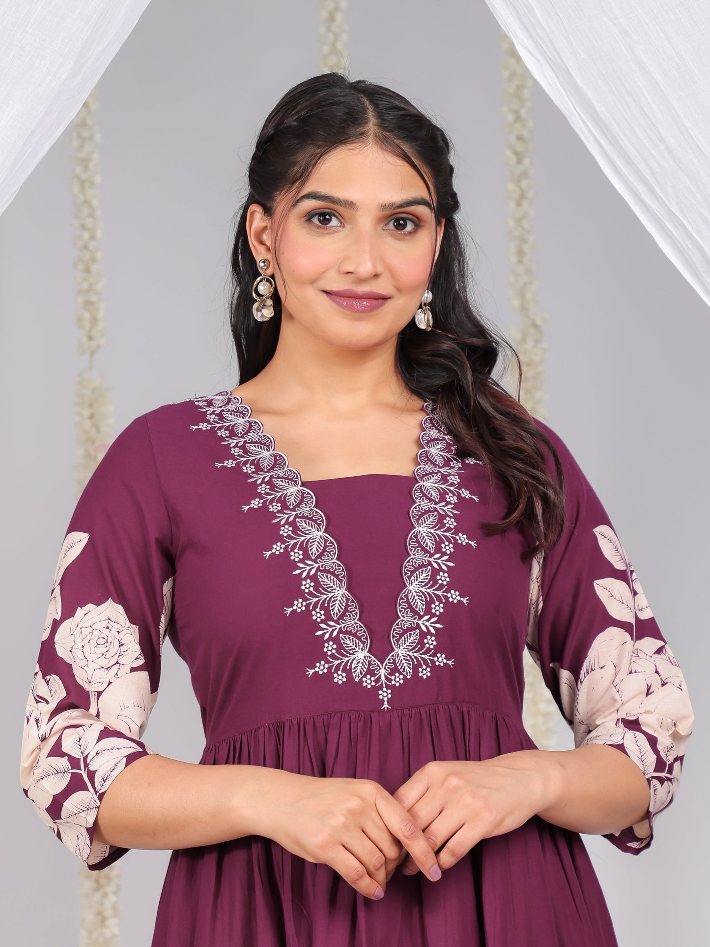 Embroidered Soft Cotton Placement Print Flared Wine Dress