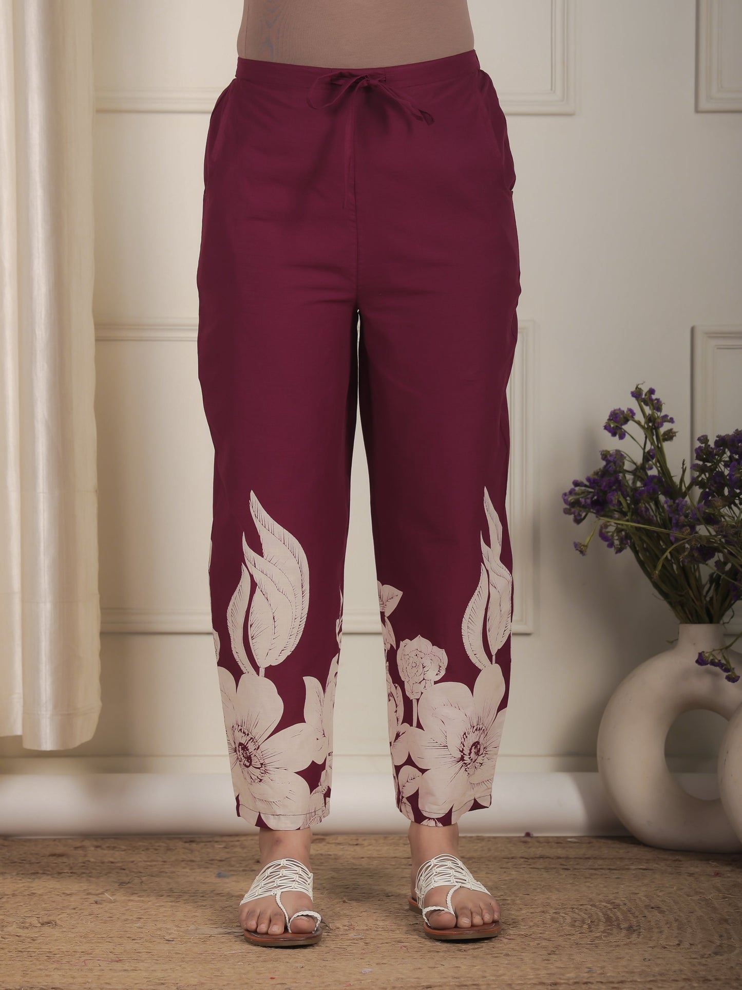 Soft Cotton Placement Print Purple Straight Trousers