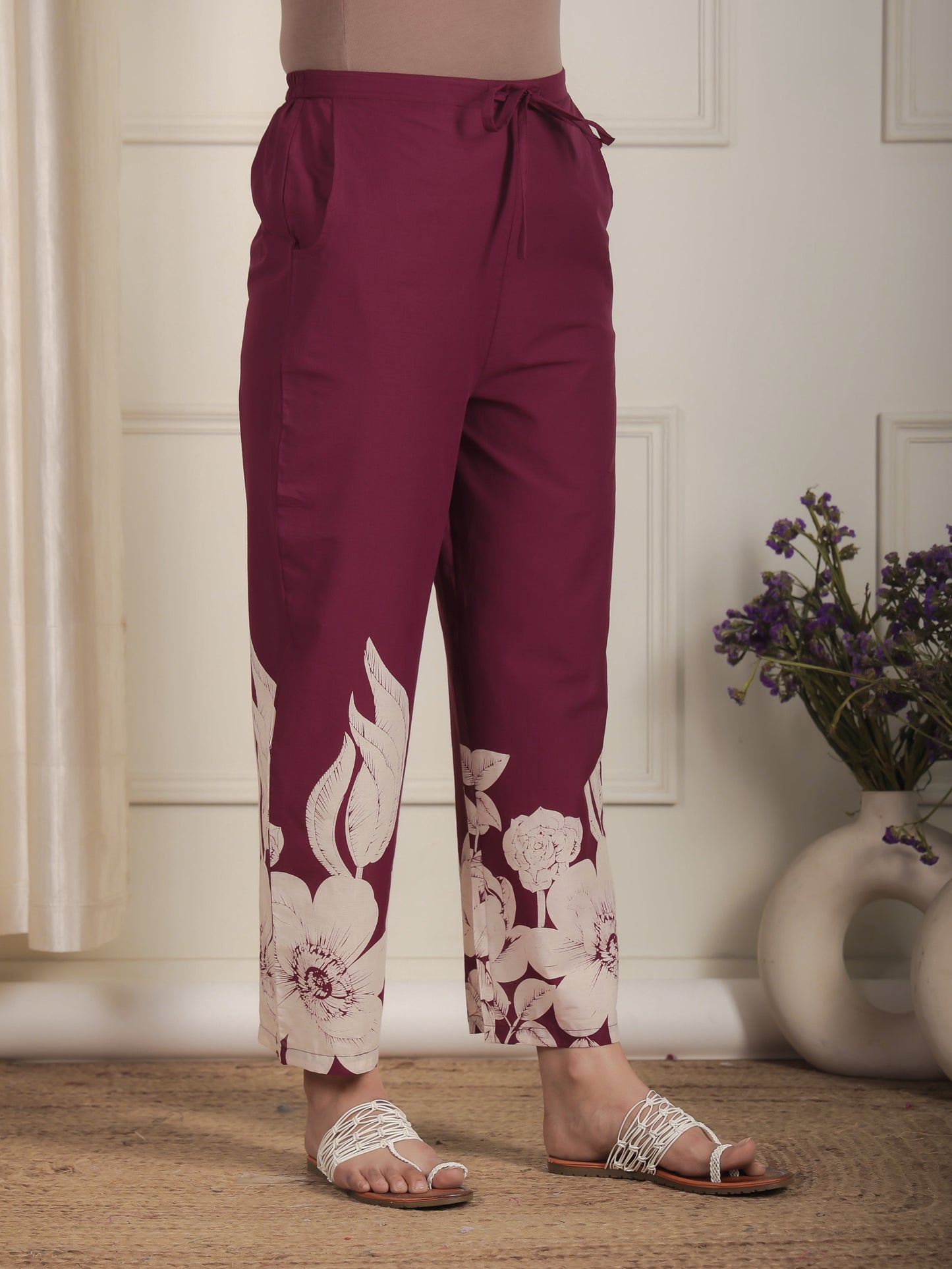 Soft Cotton Placement Print Purple Straight Trousers