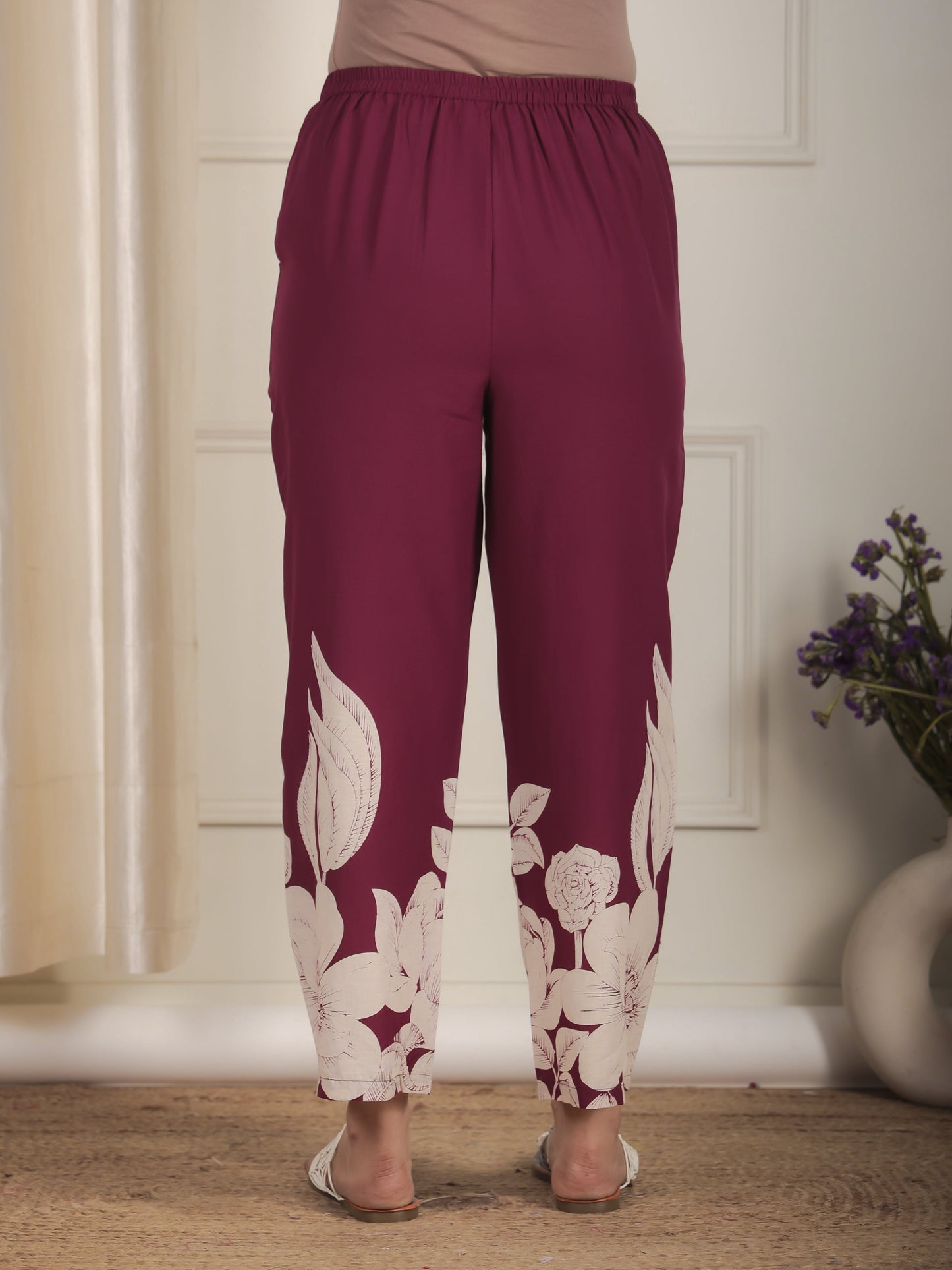 Soft Cotton Placement Print Purple Straight Trousers
