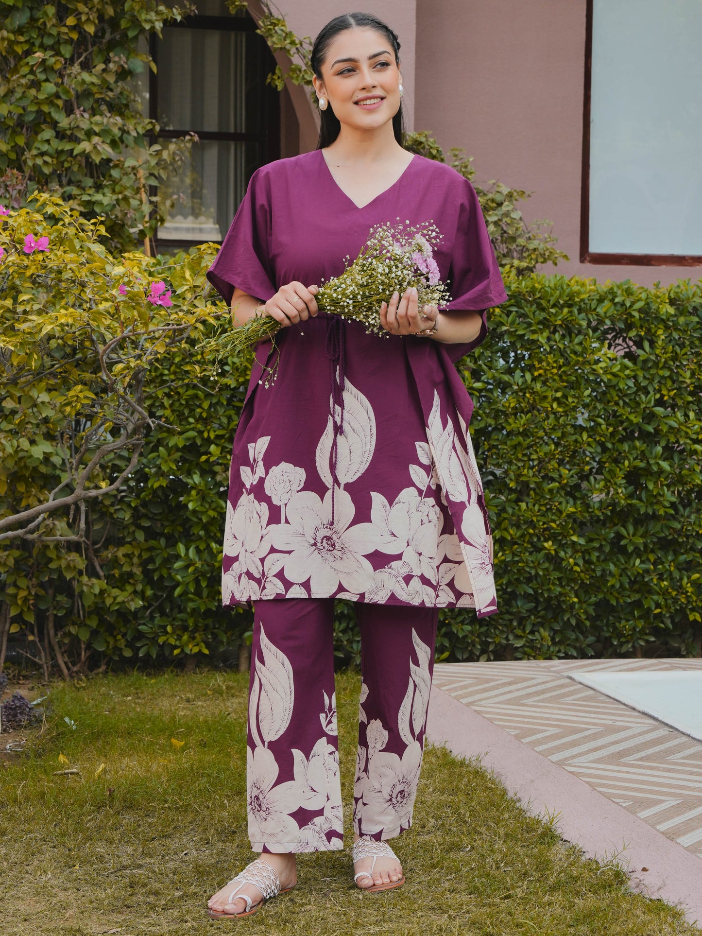 Soft Cotton Placement Print Purple Kaftan