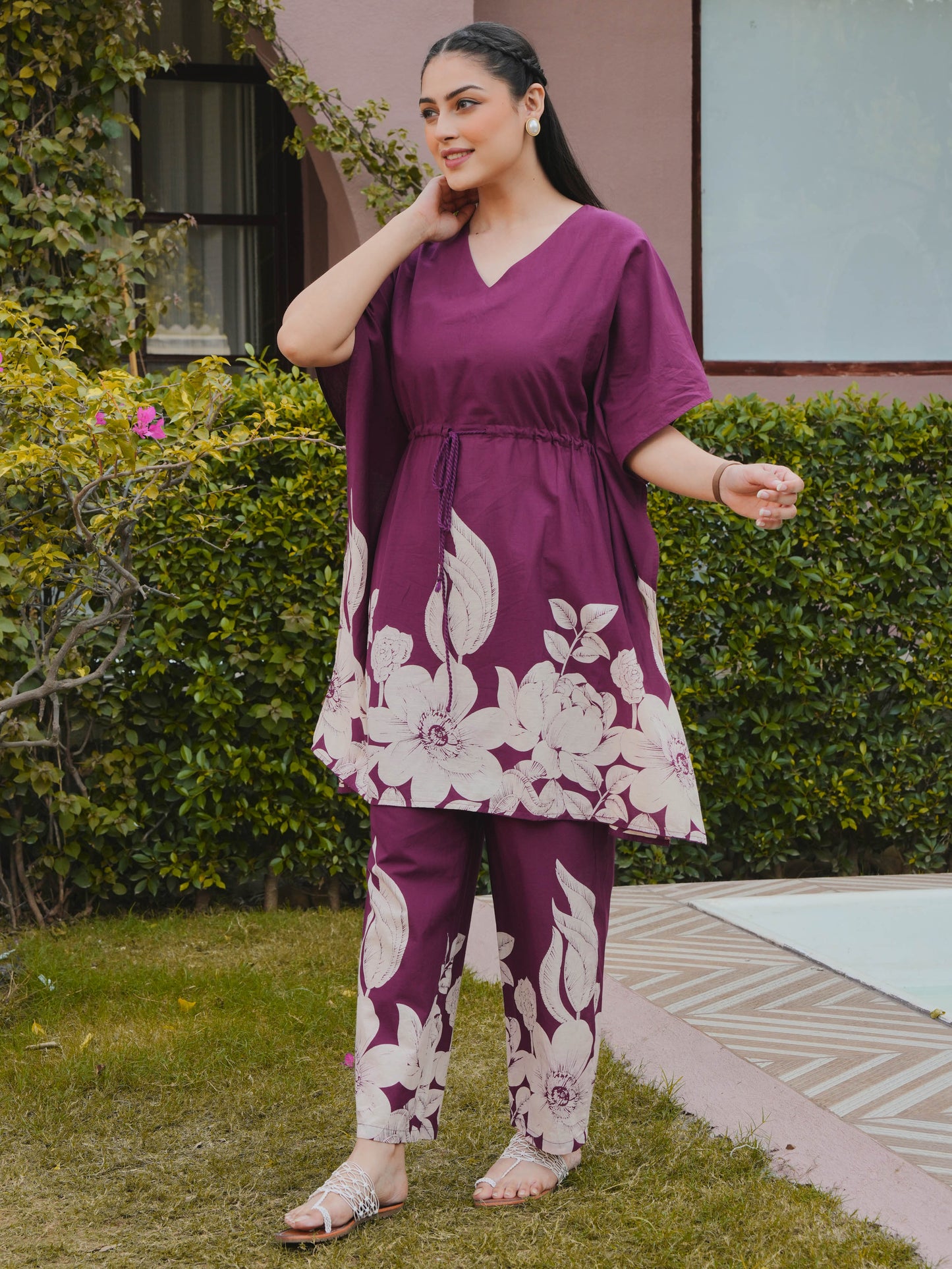 Soft Cotton Placement Print Purple Kaftan