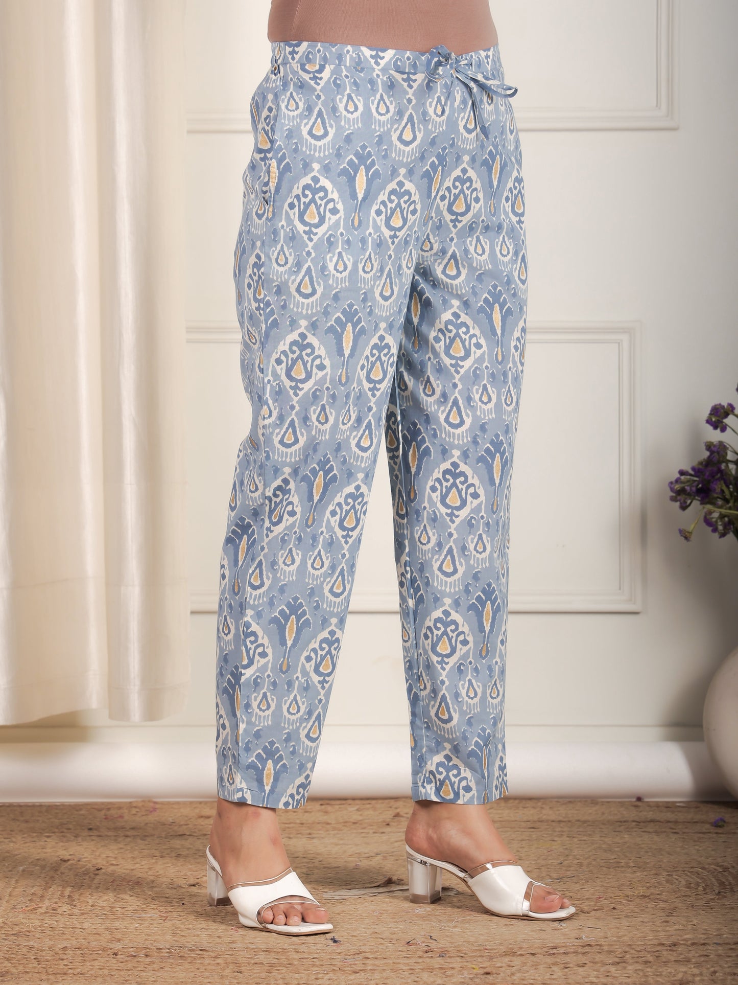 Soft Cotton Ikat Blue Tapered Trousers