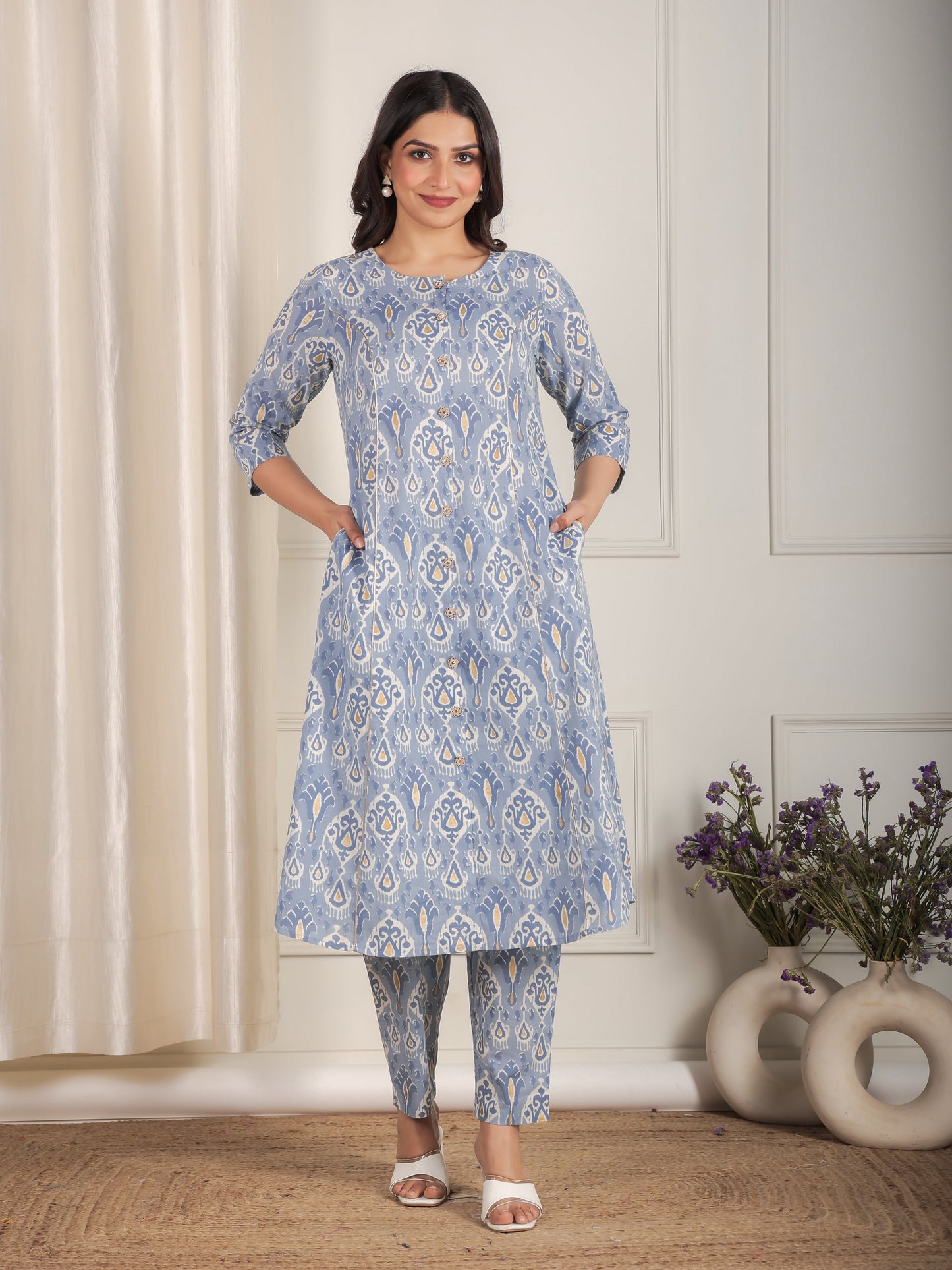 Soft Cotton Ikat A-line Blue Kurta