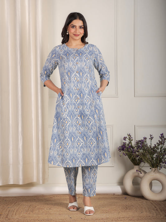 Soft Cotton Ikat A-line Blue Kurta