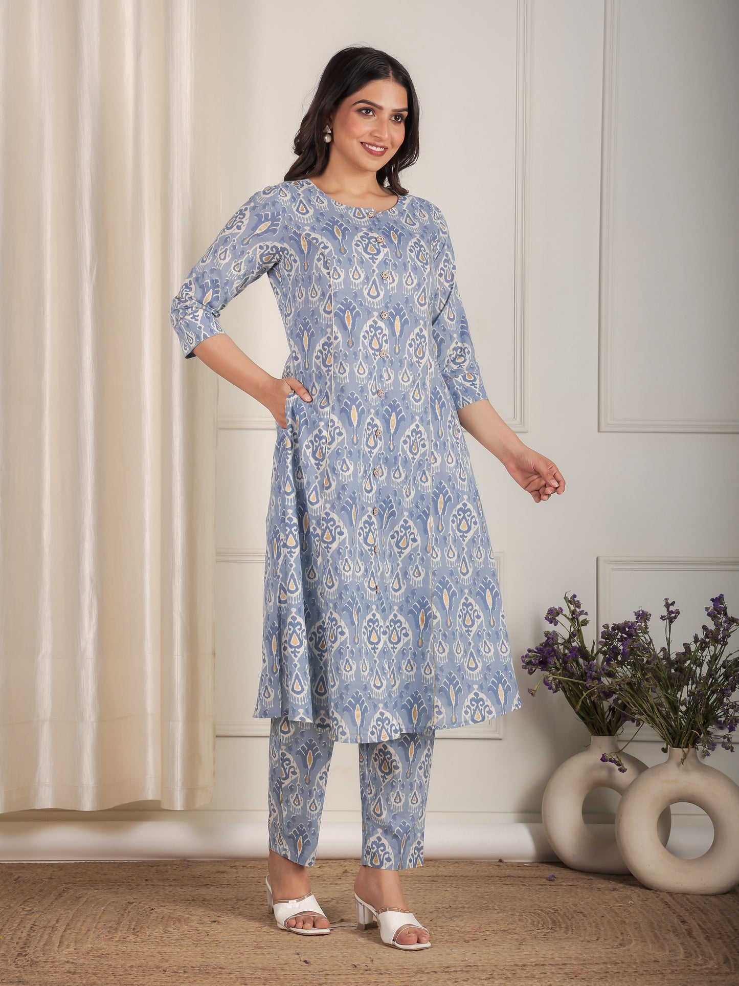 Soft Cotton Ikat A-line Blue Kurta