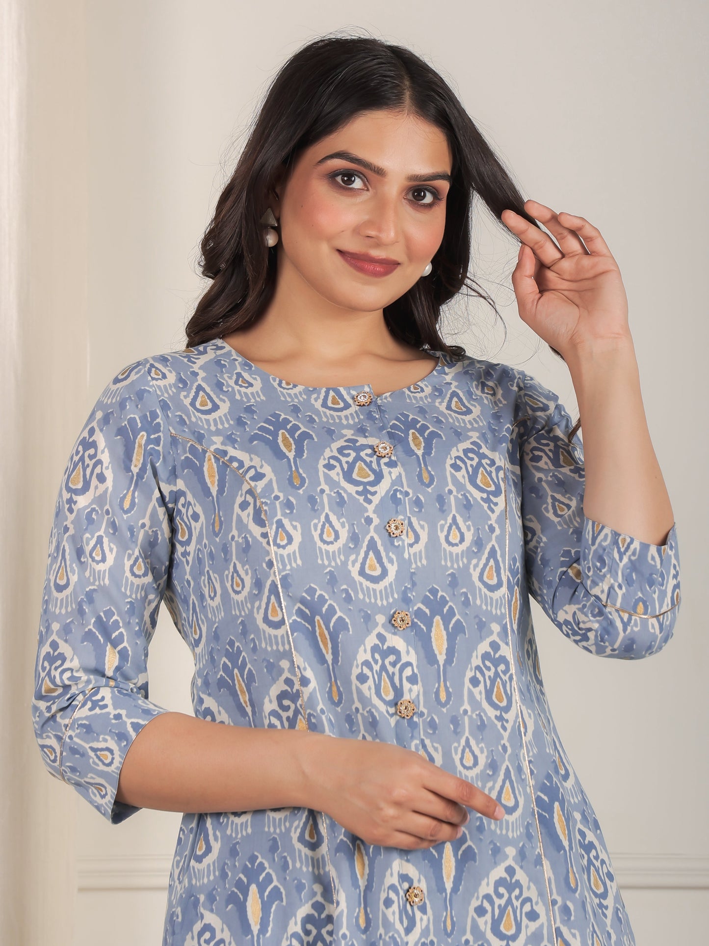 Soft Cotton Ikat A-line Blue Kurta