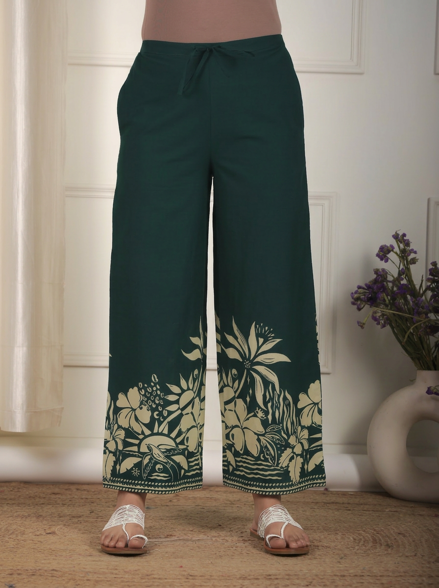 Soft Cotton Placement Print Green Palazzo