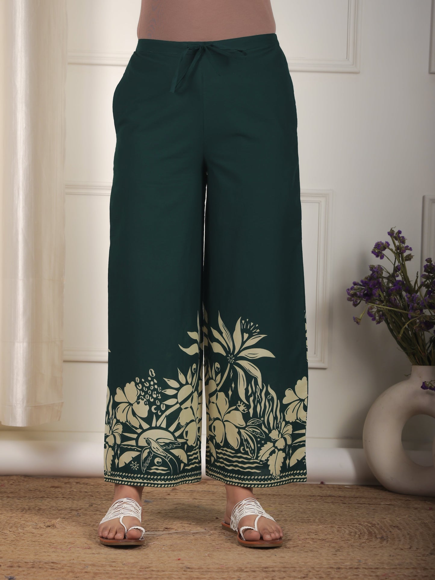 Soft Cotton Placement Print Green Palazzo