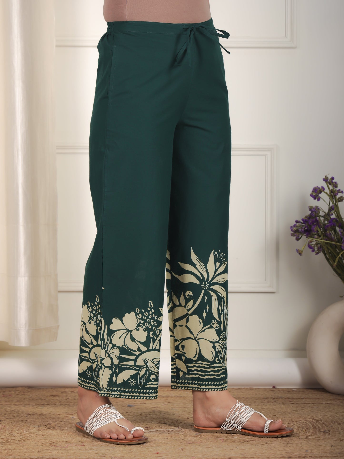 Soft Cotton Placement Print Green Palazzo