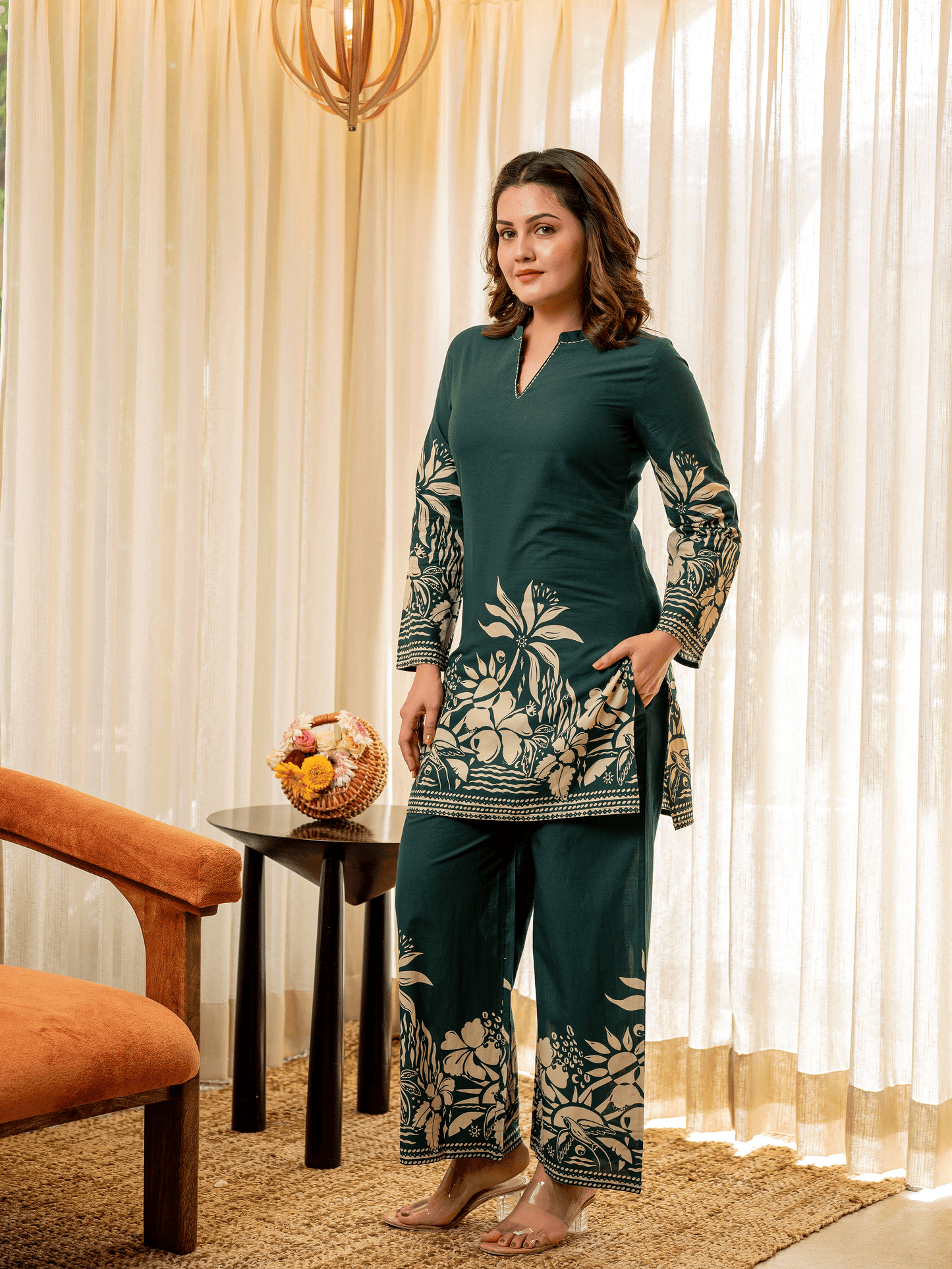 Embroidered Soft Cotton Placement Print Straight Green Kurta