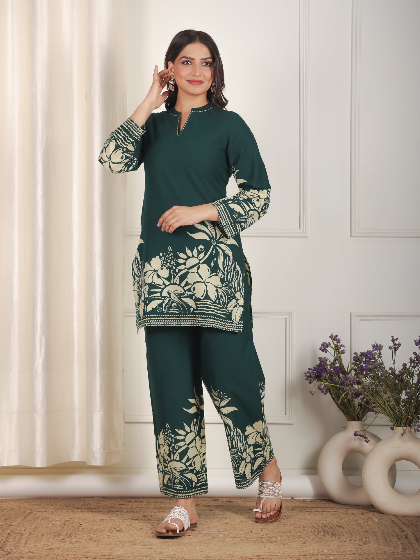 Embroidered Soft Cotton Placement Print Straight Green Kurta