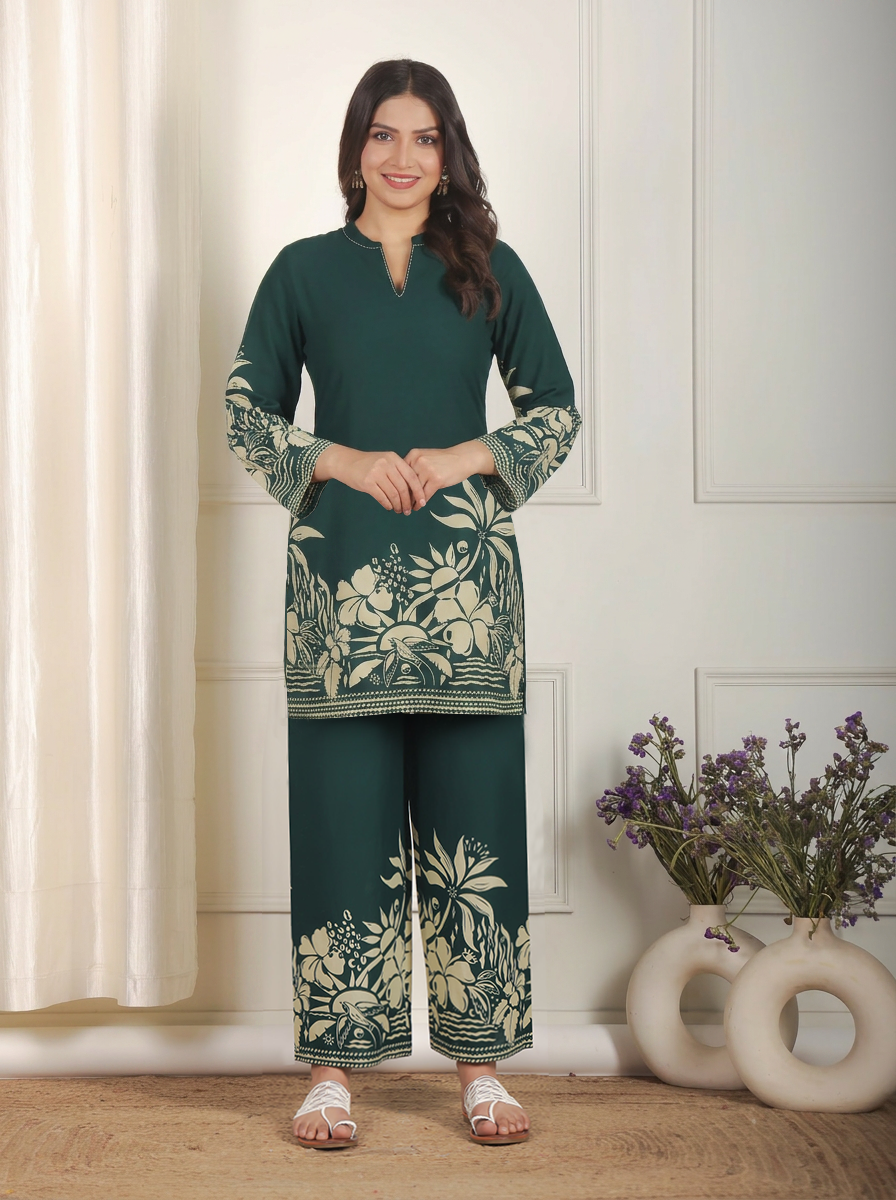 Embroidered Soft Cotton Placement Print Straight Green Kurta