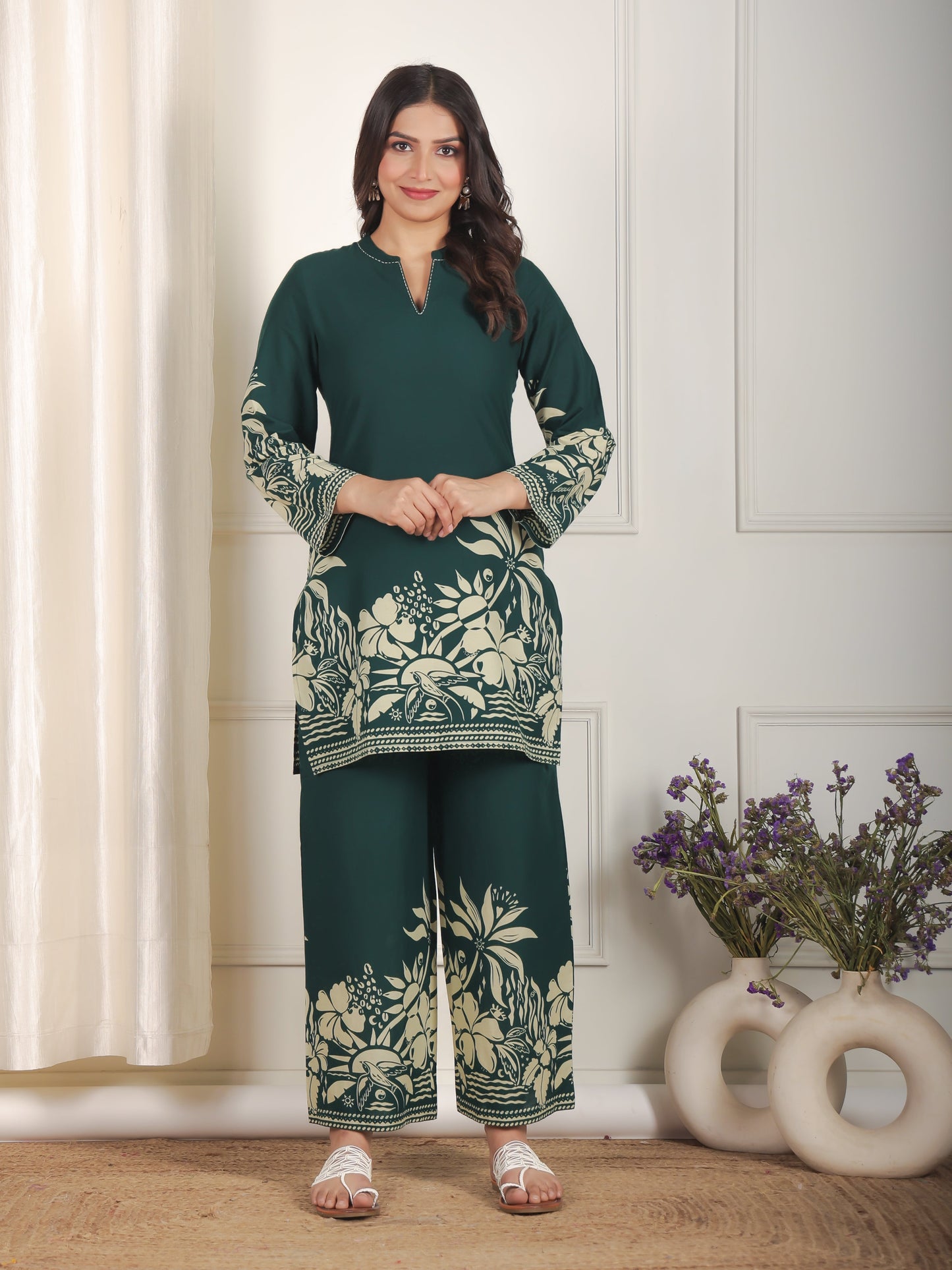 Embroidered Soft Cotton Placement Print Straight Green Kurta